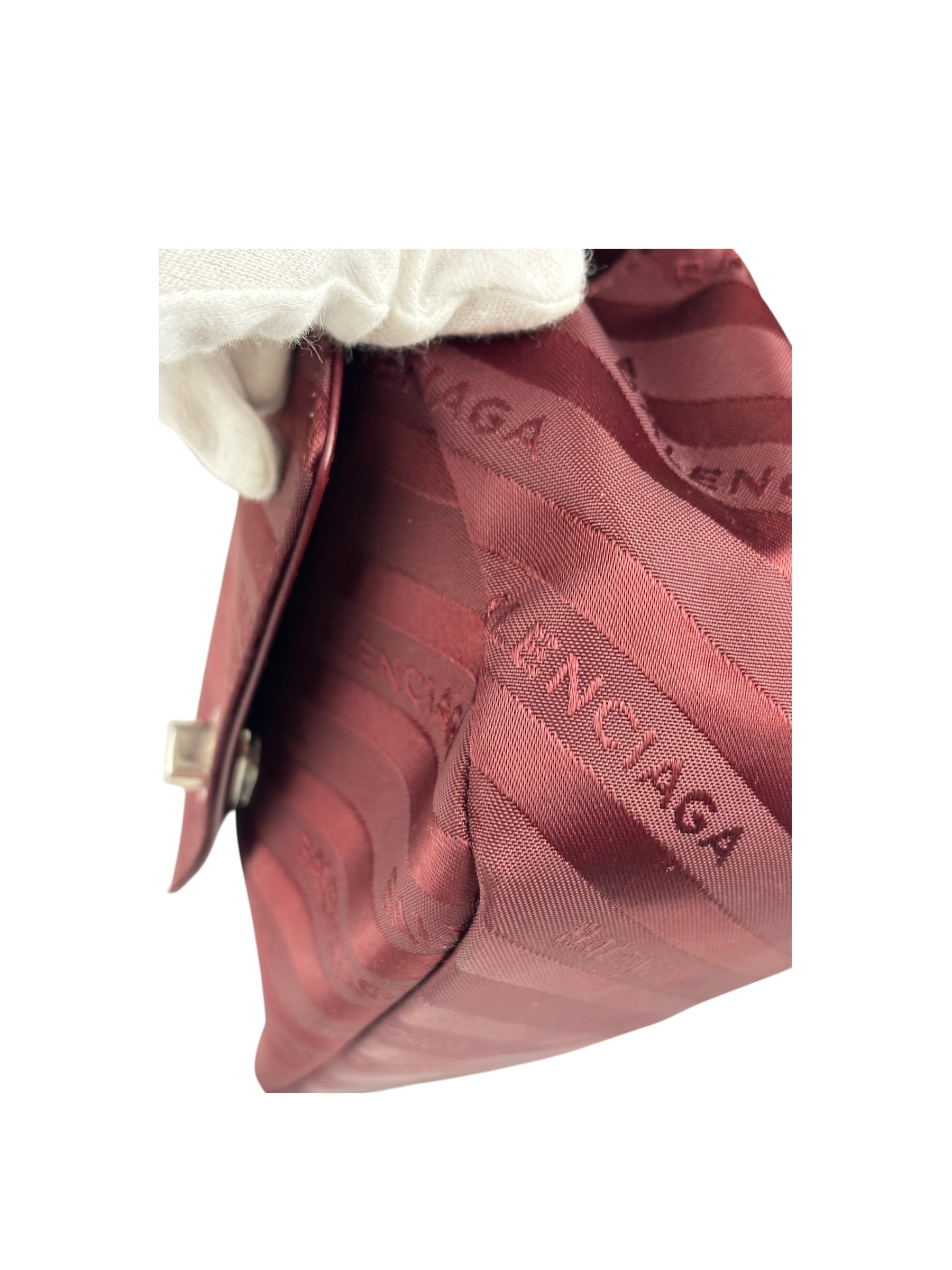 Balenciaga Burgundy Satin Jacquard Round S Lock Shoulder Bag