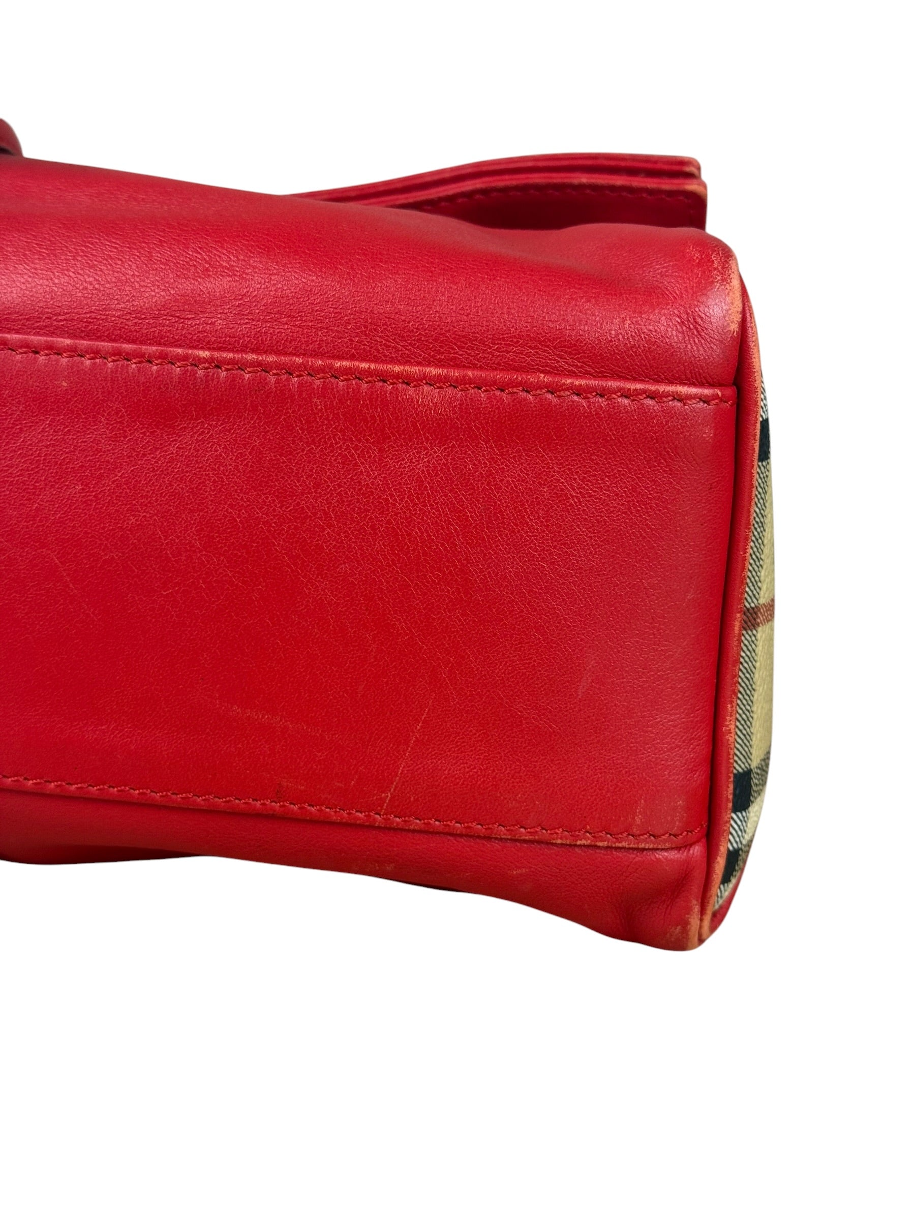 Burberry Red Leather Haymarket Check Shoulder Bag