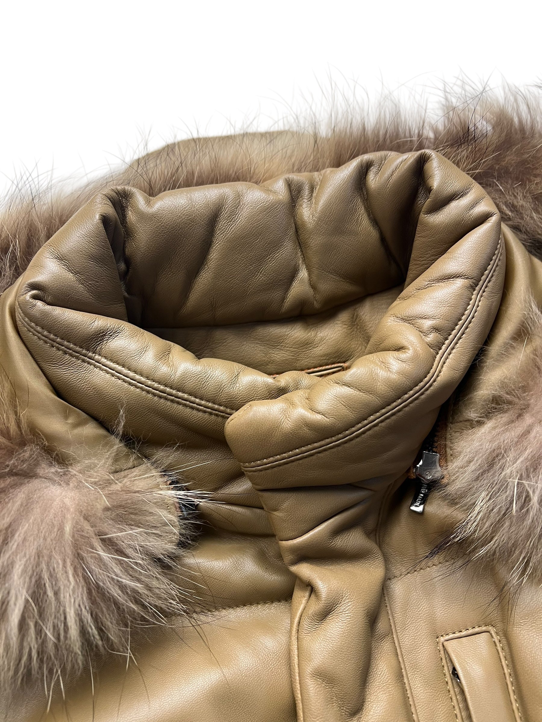 Balmain Beige Leather Puffer Fur Hooded Coat