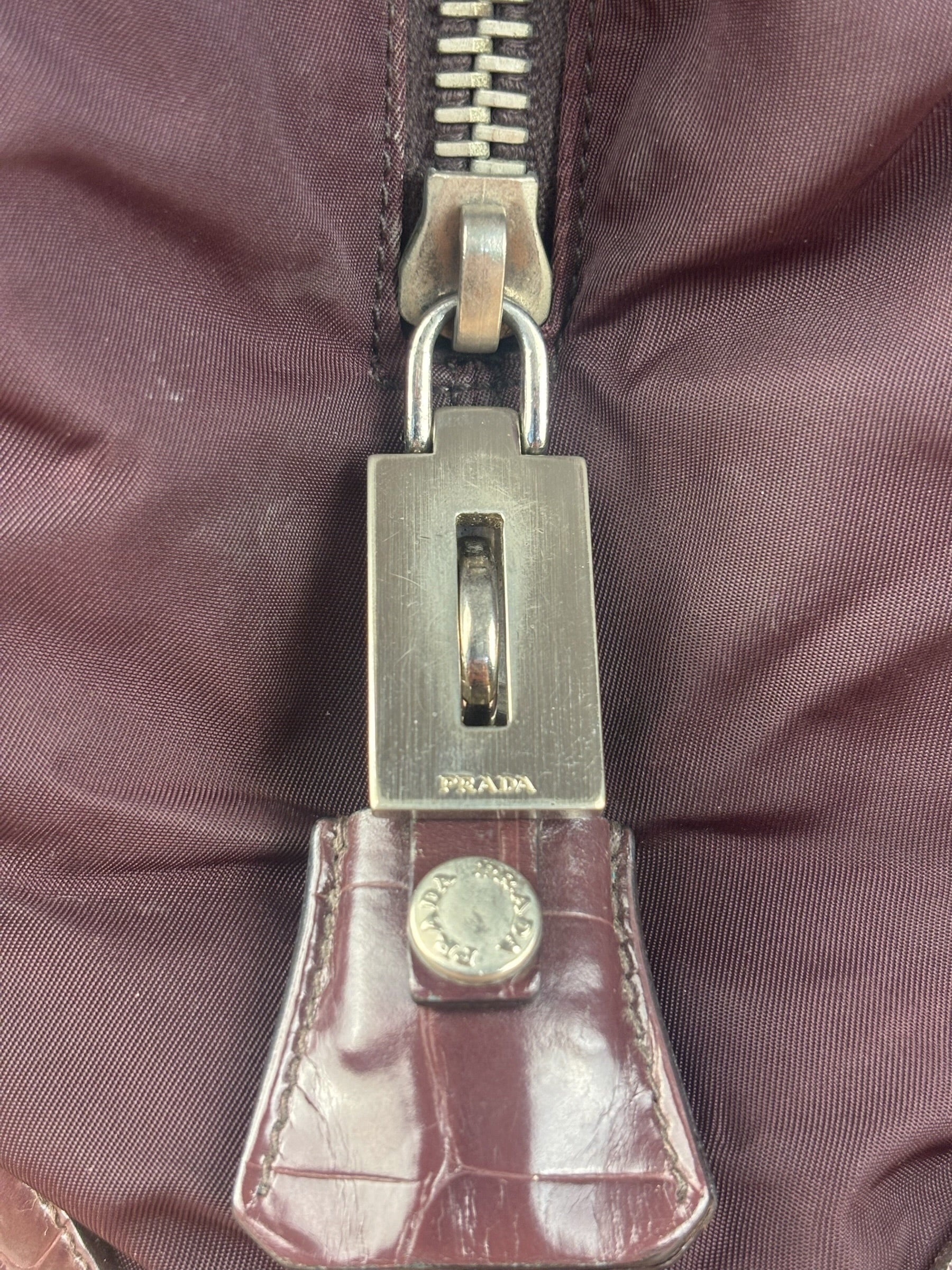Prada Vintage Plum Nylon Leather Embossed Handbag