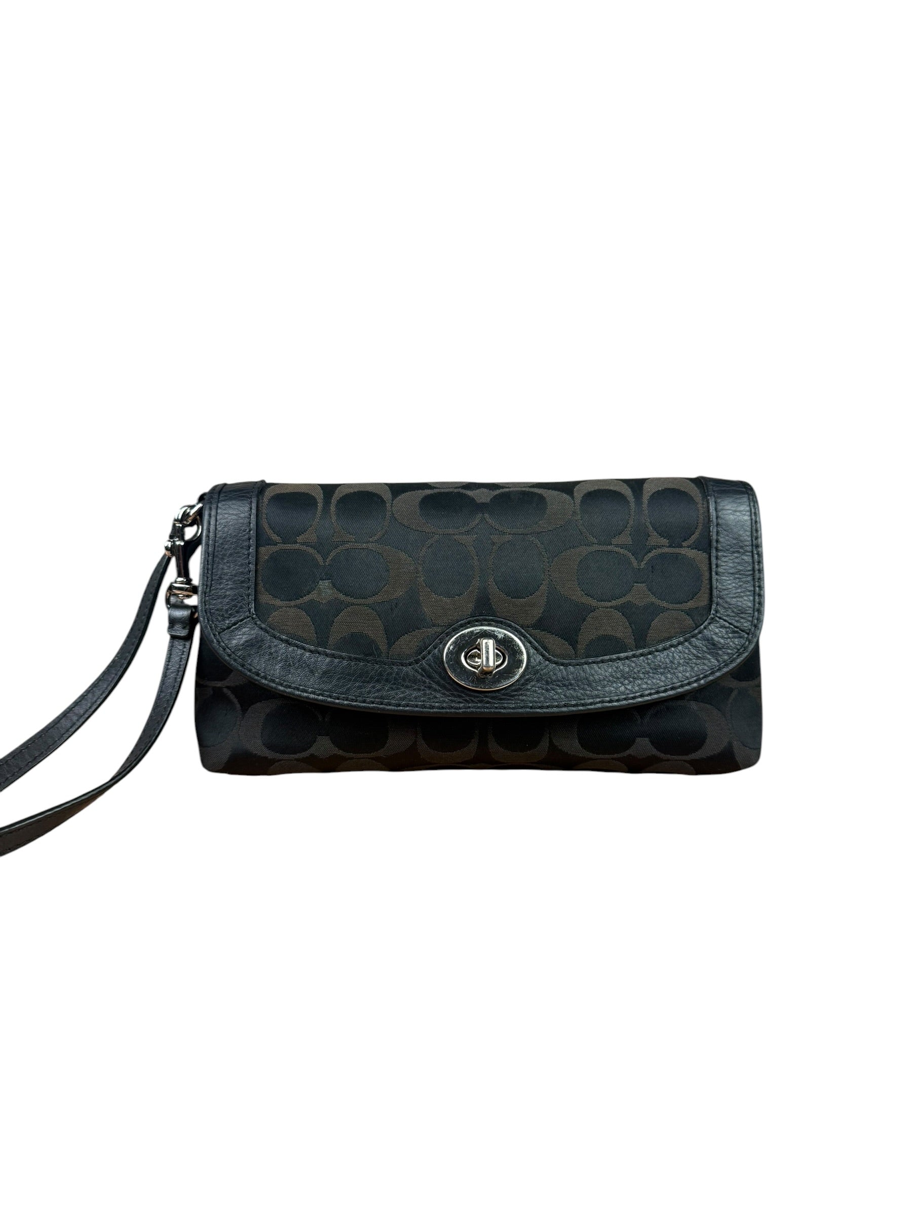 Coach Vintage Black Leather Trim C Canvas Flap Snap Clutch Wristlet