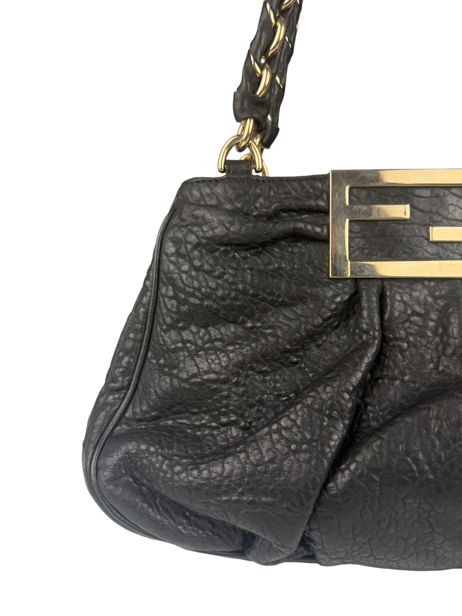 Fendi Black Leather Mia Chain Hobo Bag
