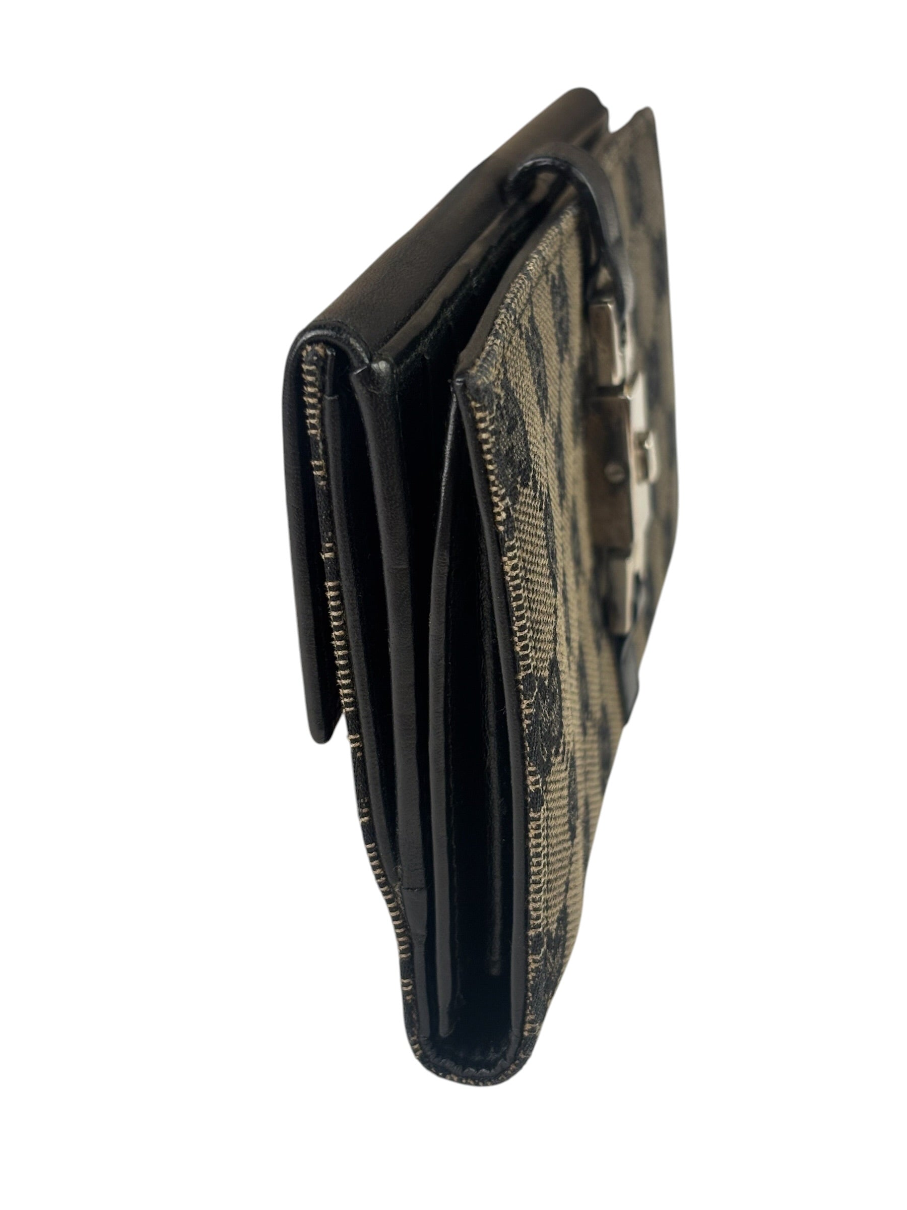 Gucci Black Leather Trim GG Flap Long Wallet