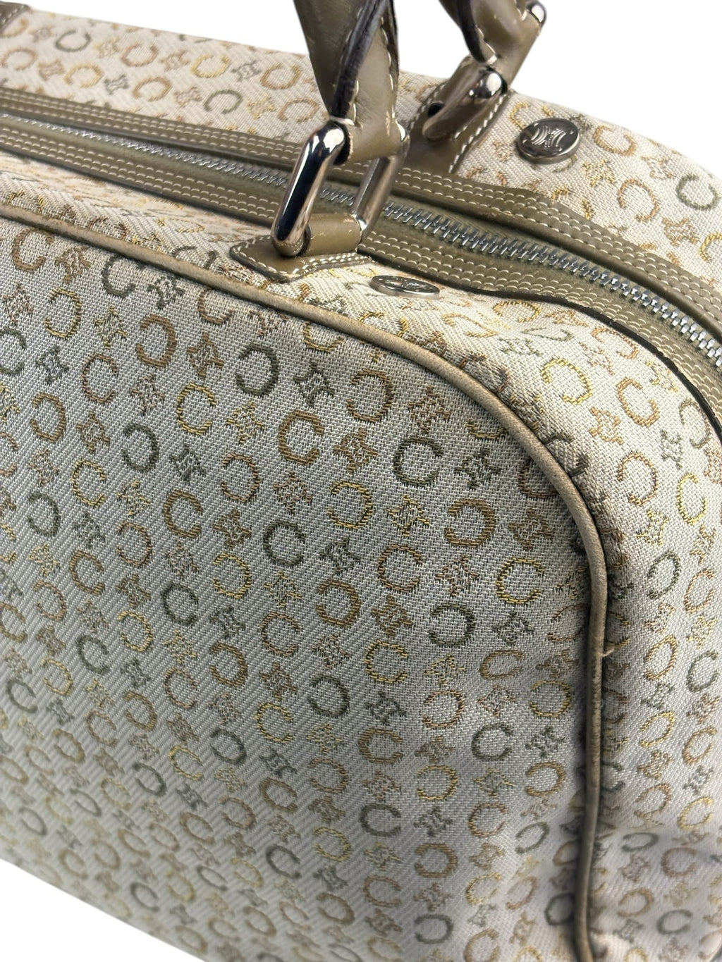 Celine Beige/Green Leather Trim Macadam Handbag