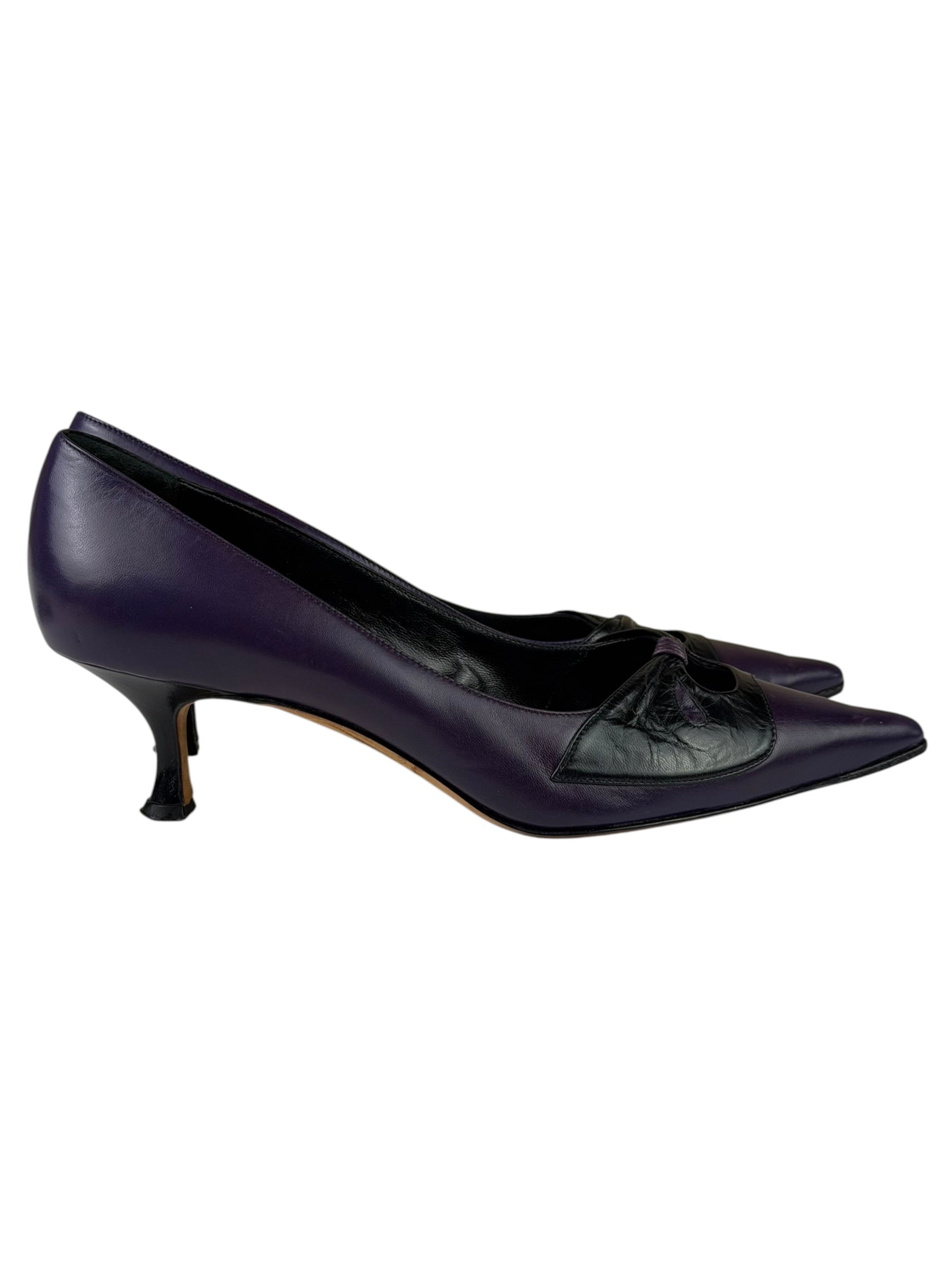 Manolo Blahnik Purple/Black Bow Kitten Heels