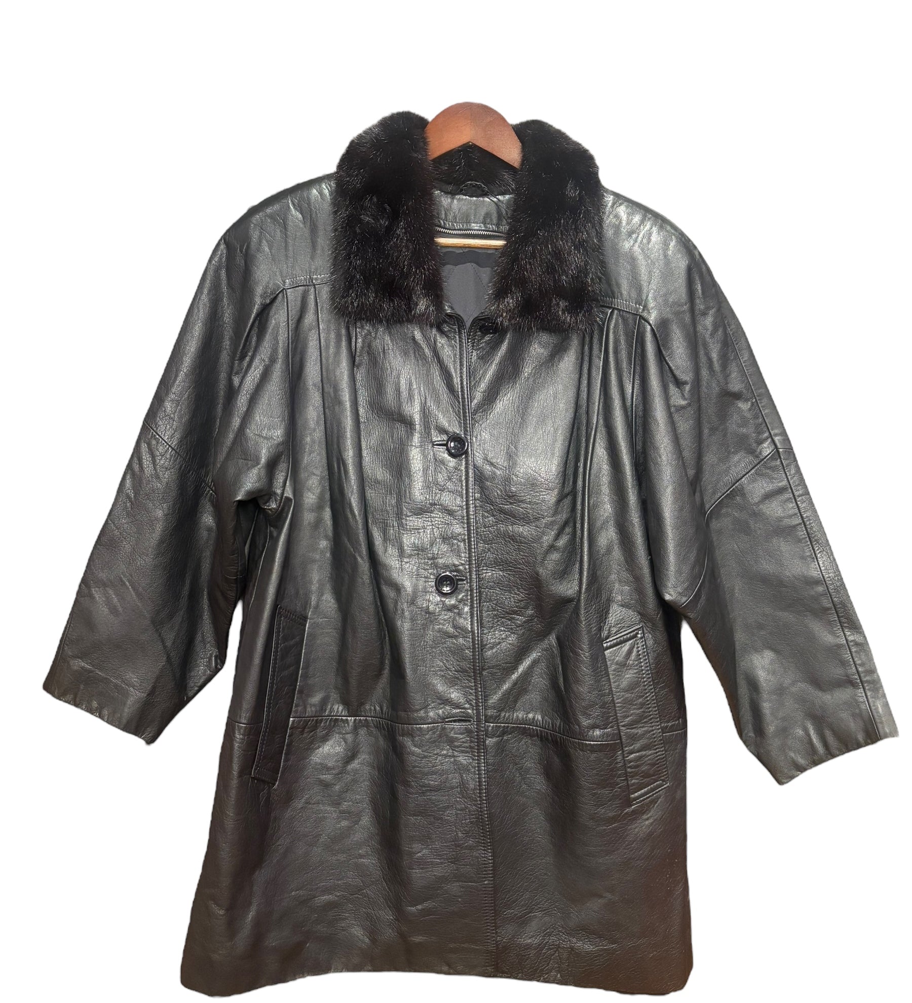 Vintage Black Leather Fur Lined Coat