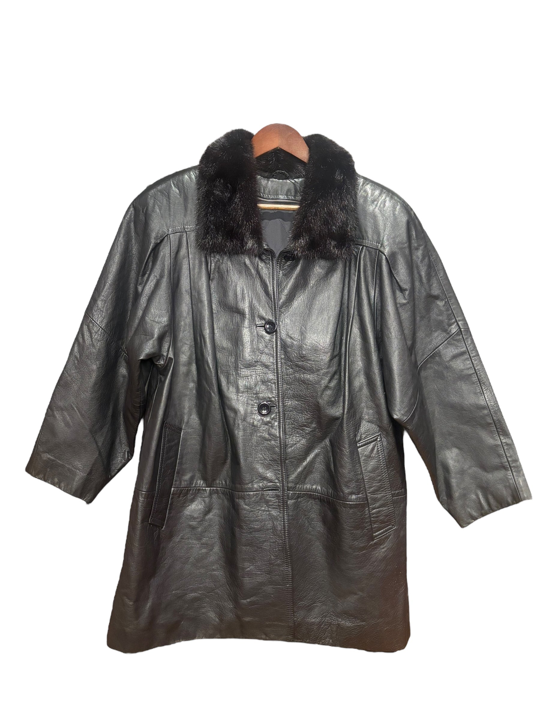 Vintage Black Leather Fur Lined Coat