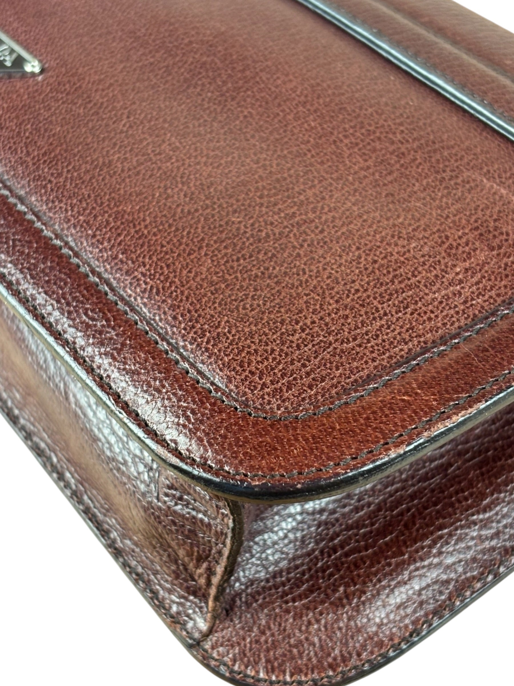 Prada Enameled Metal Triangle Brown Shoulder Bag
