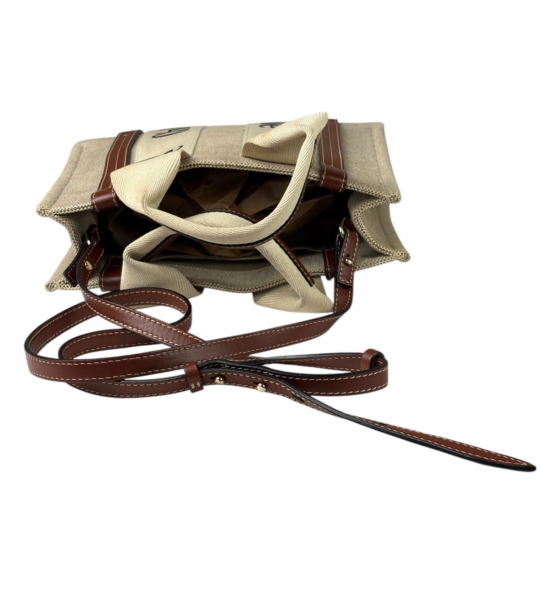 Chloe Beige/Brown Leather Trim Small Woody Two-Way Tote