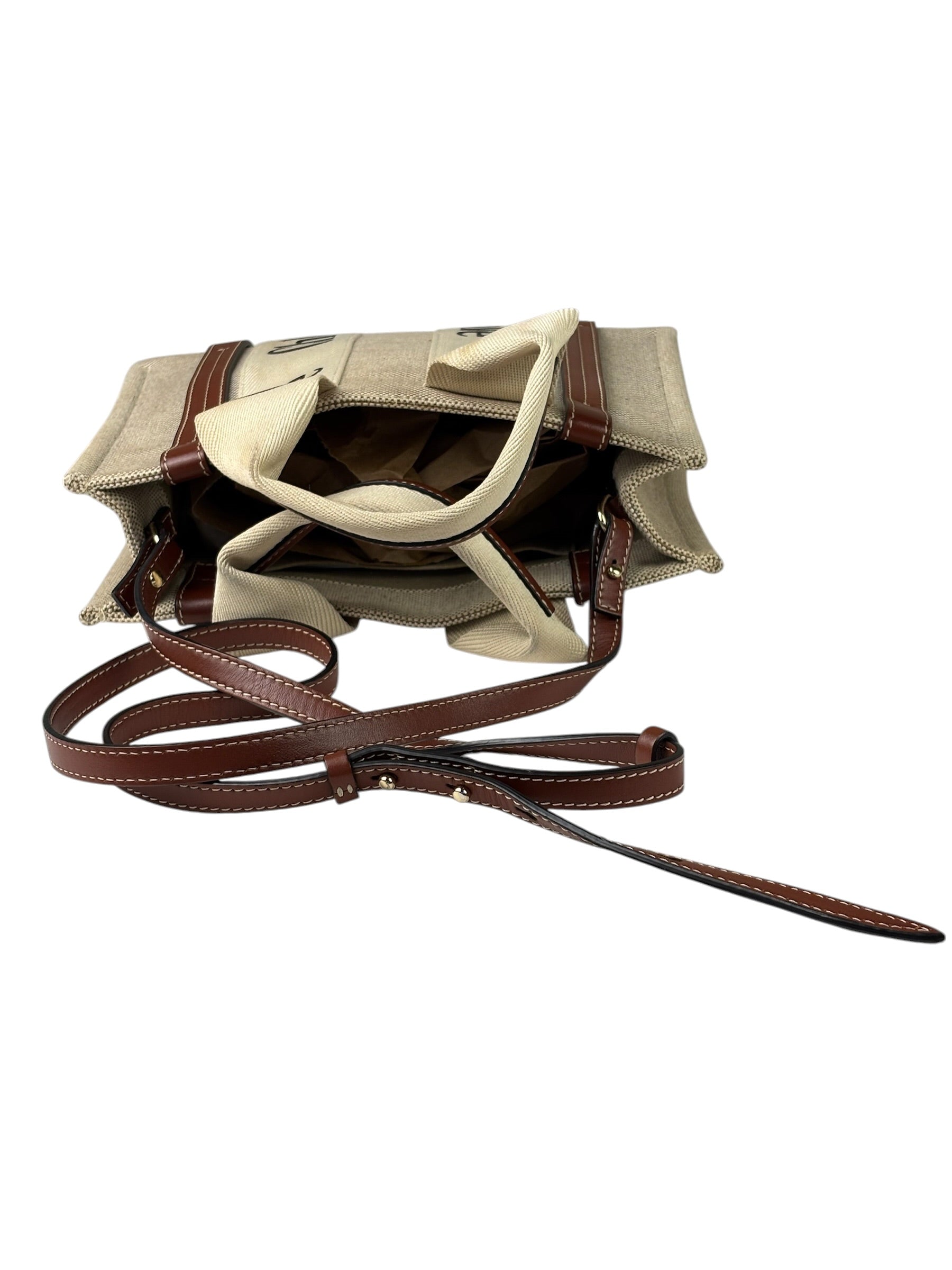 Chloe Beige/Brown Leather Trim Small Woody Two-Way Tote