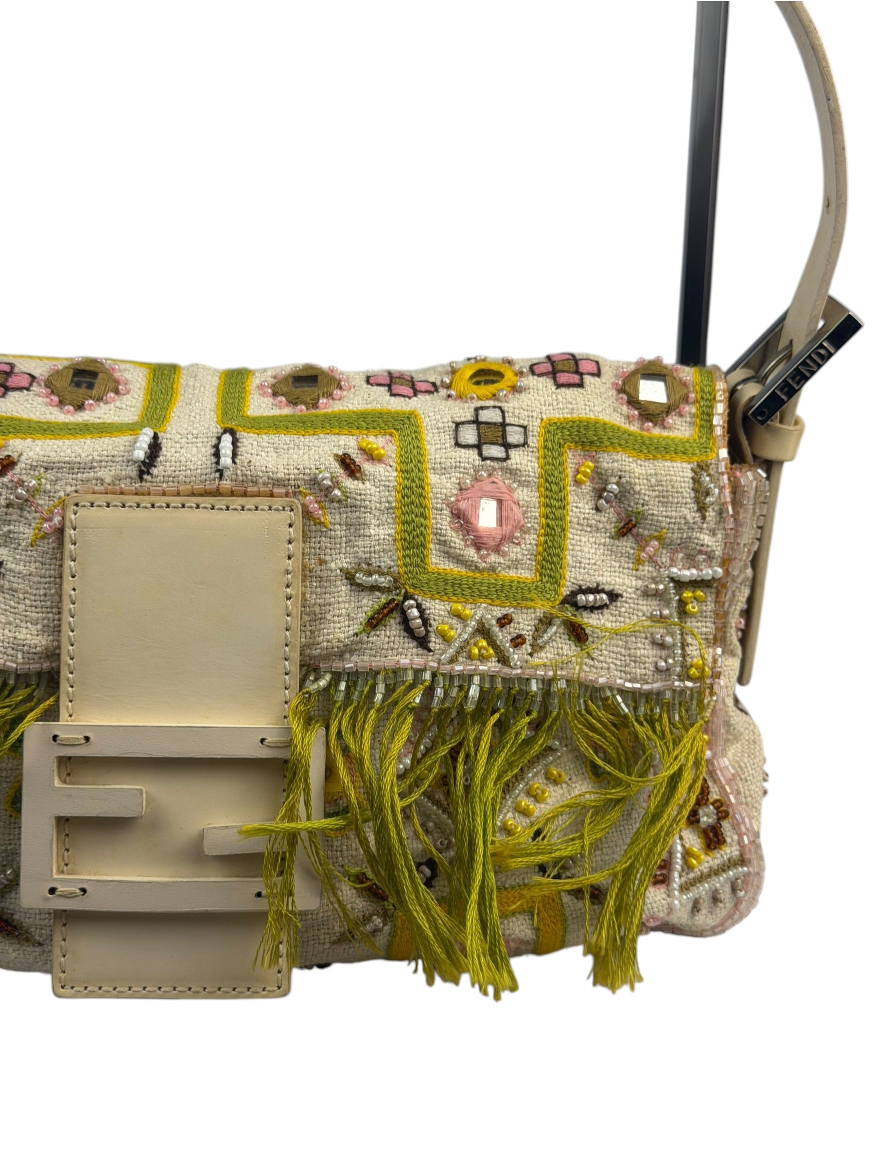 Fendi Cream Leather Trim Beaded Baguette