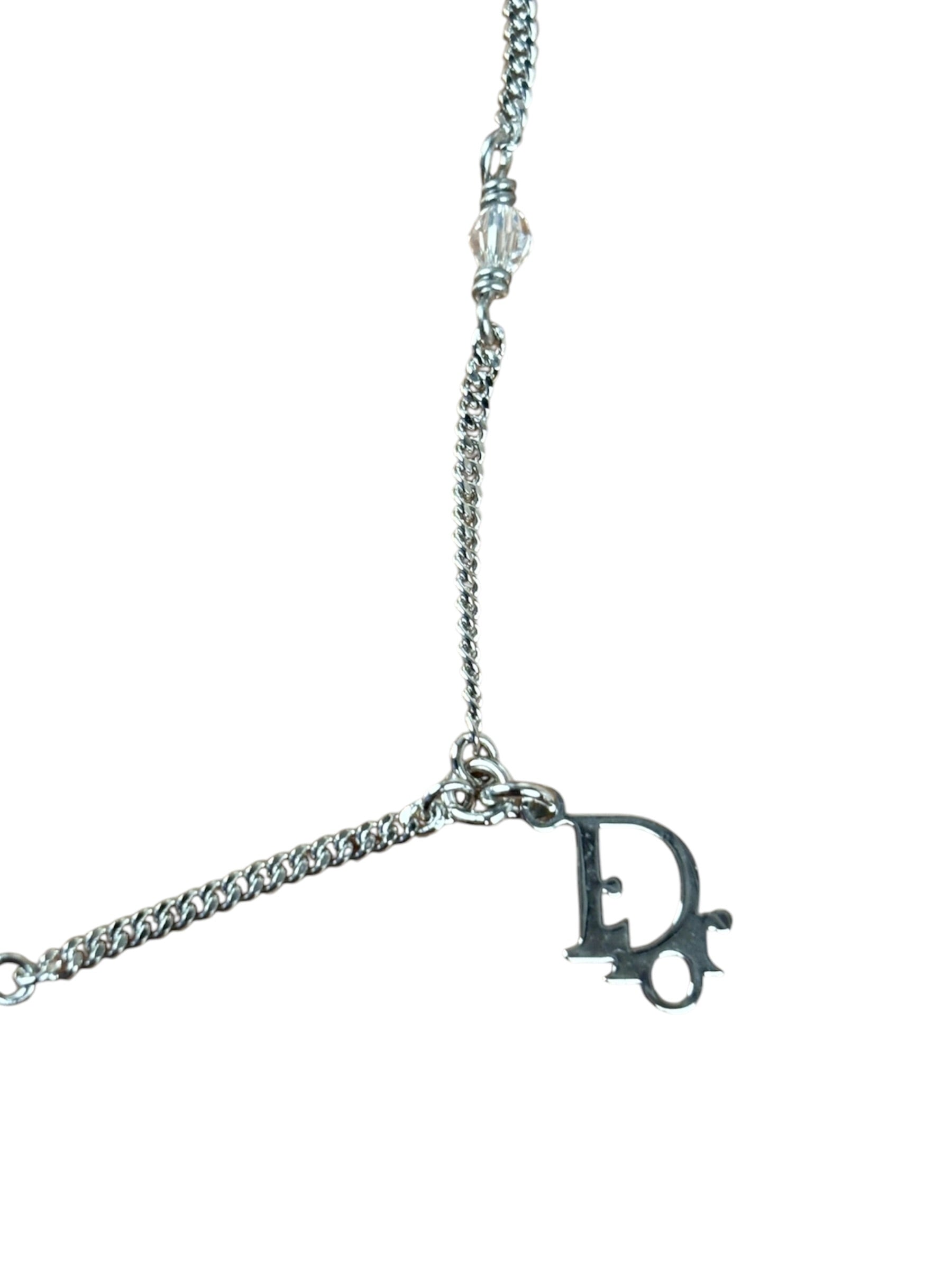 Christian Dior Vintage Crown Rhinestone Pendant Logo Necklace