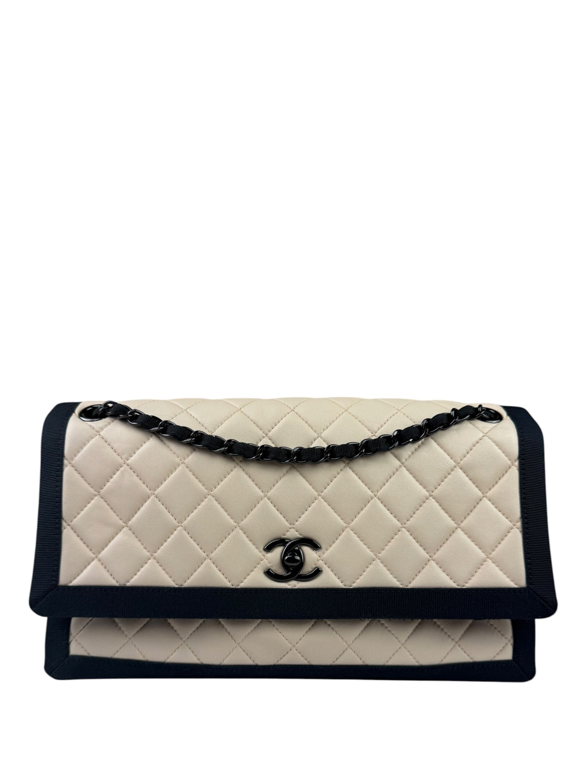 Chanel Beige/Navy Quilted Lambskin Flap Bag 2015