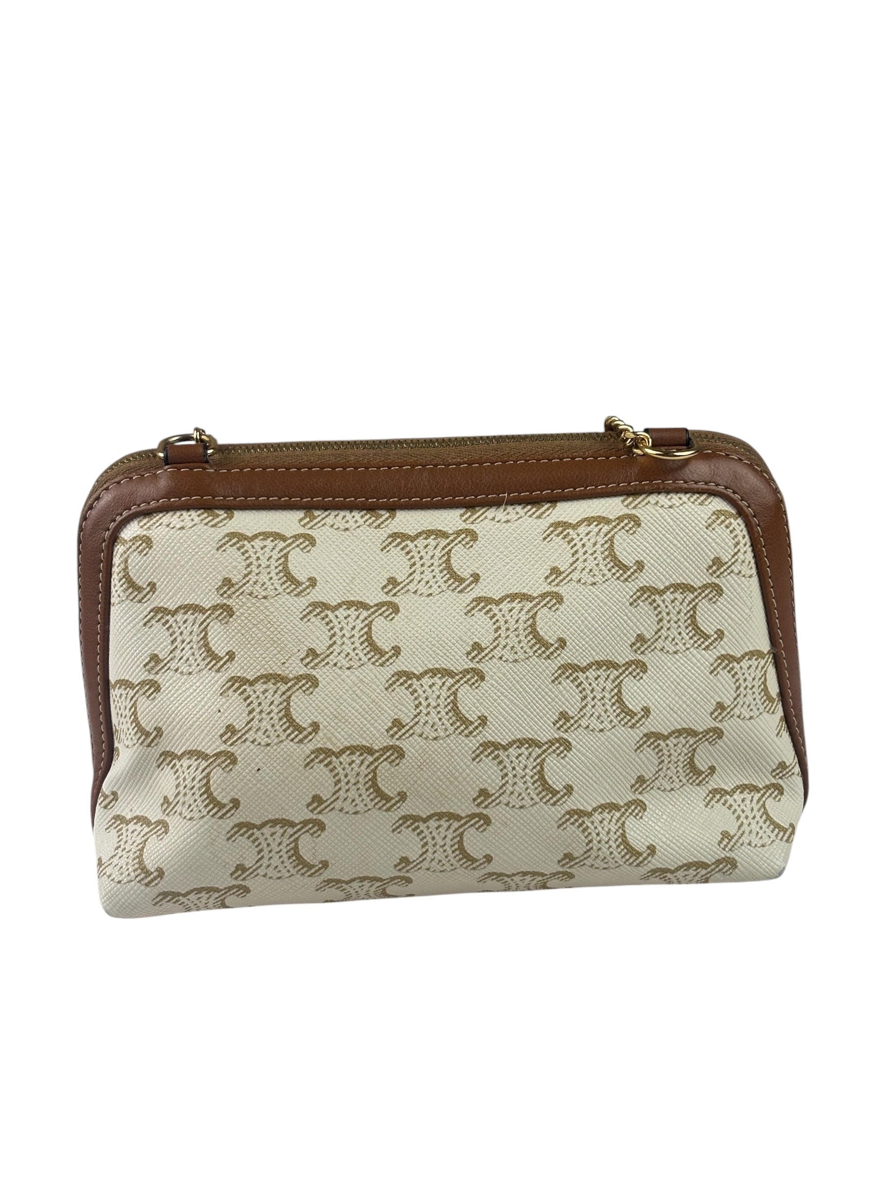 Celine Beige/Brown Leather Triomphe Chain Clutch