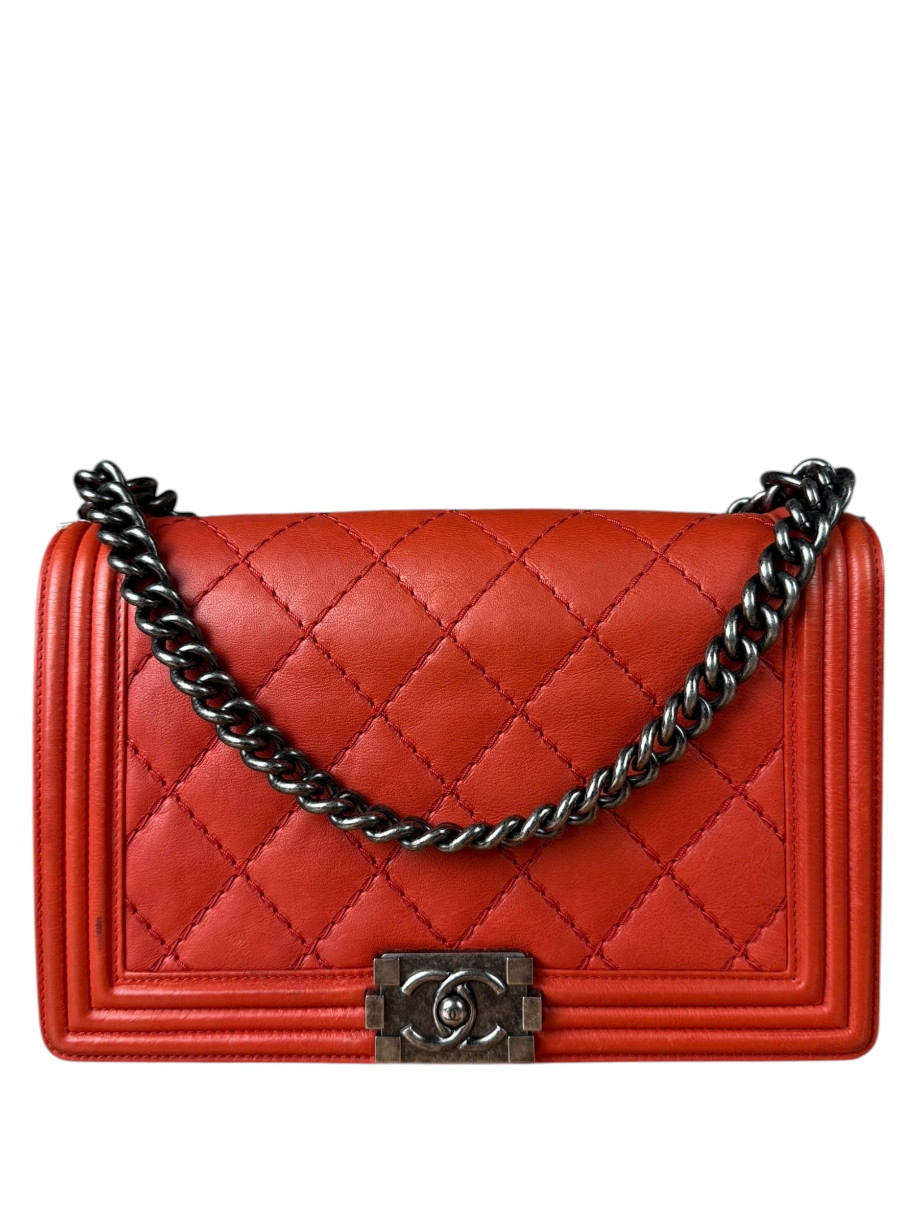 Chanel Quilted Stitch Red Leather Boy Bag 2014