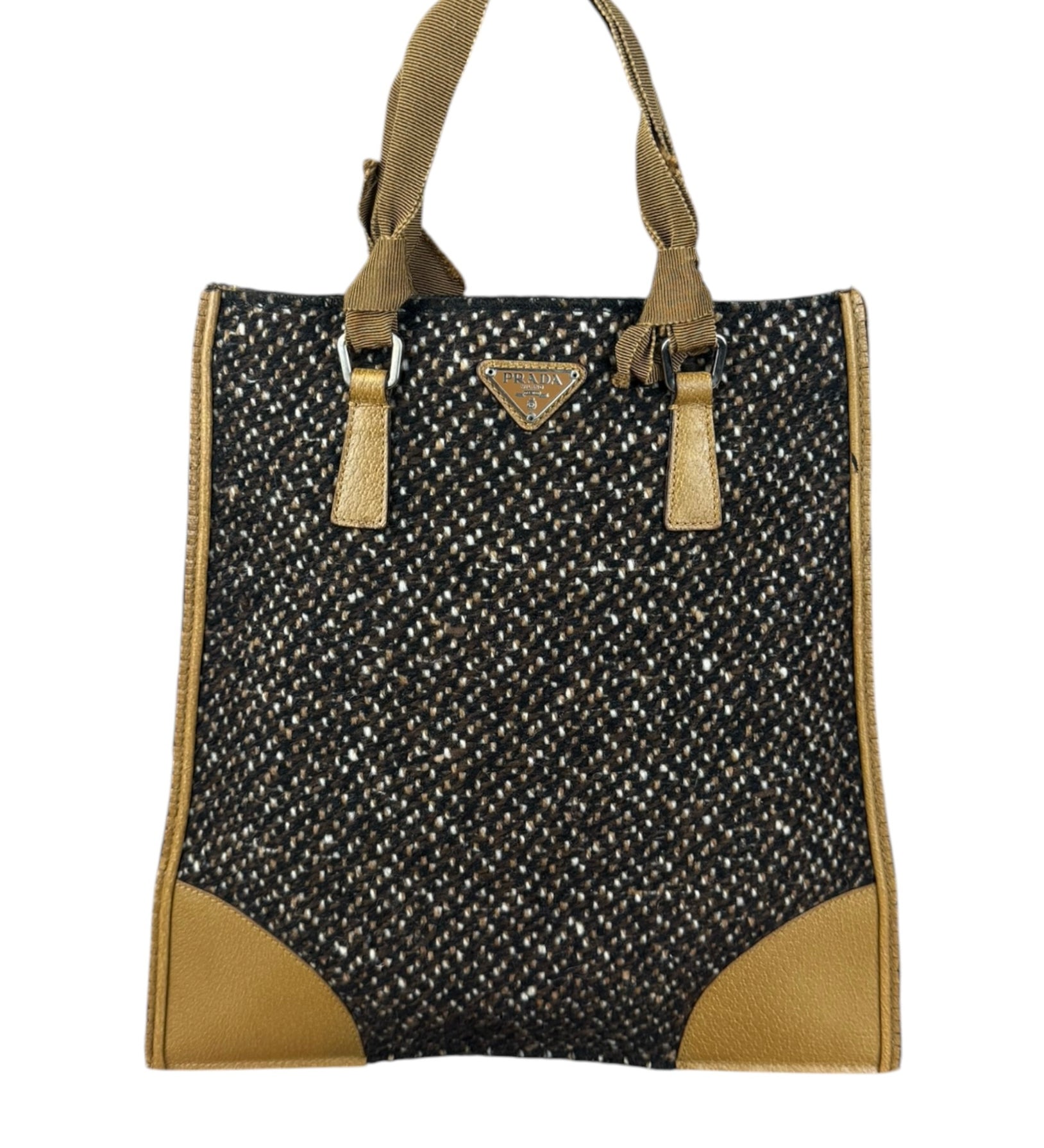 Prada Vintage Brown/Black Woven Tweed Trim Tote Handbag