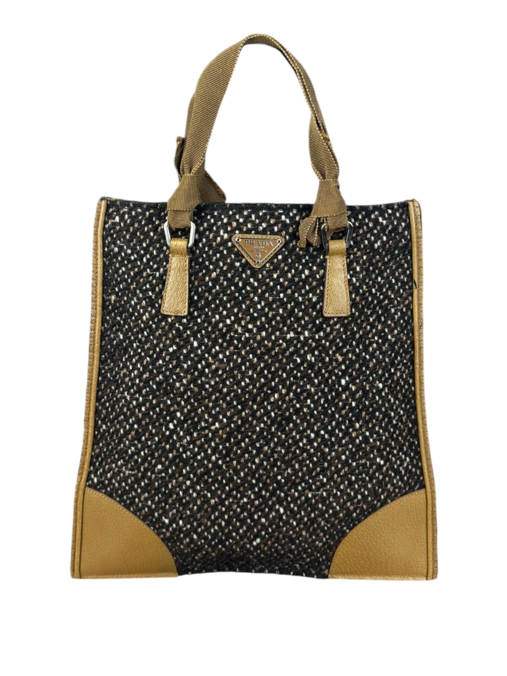 Prada Vintage Brown/Black Woven Tweed Trim Tote Handbag
