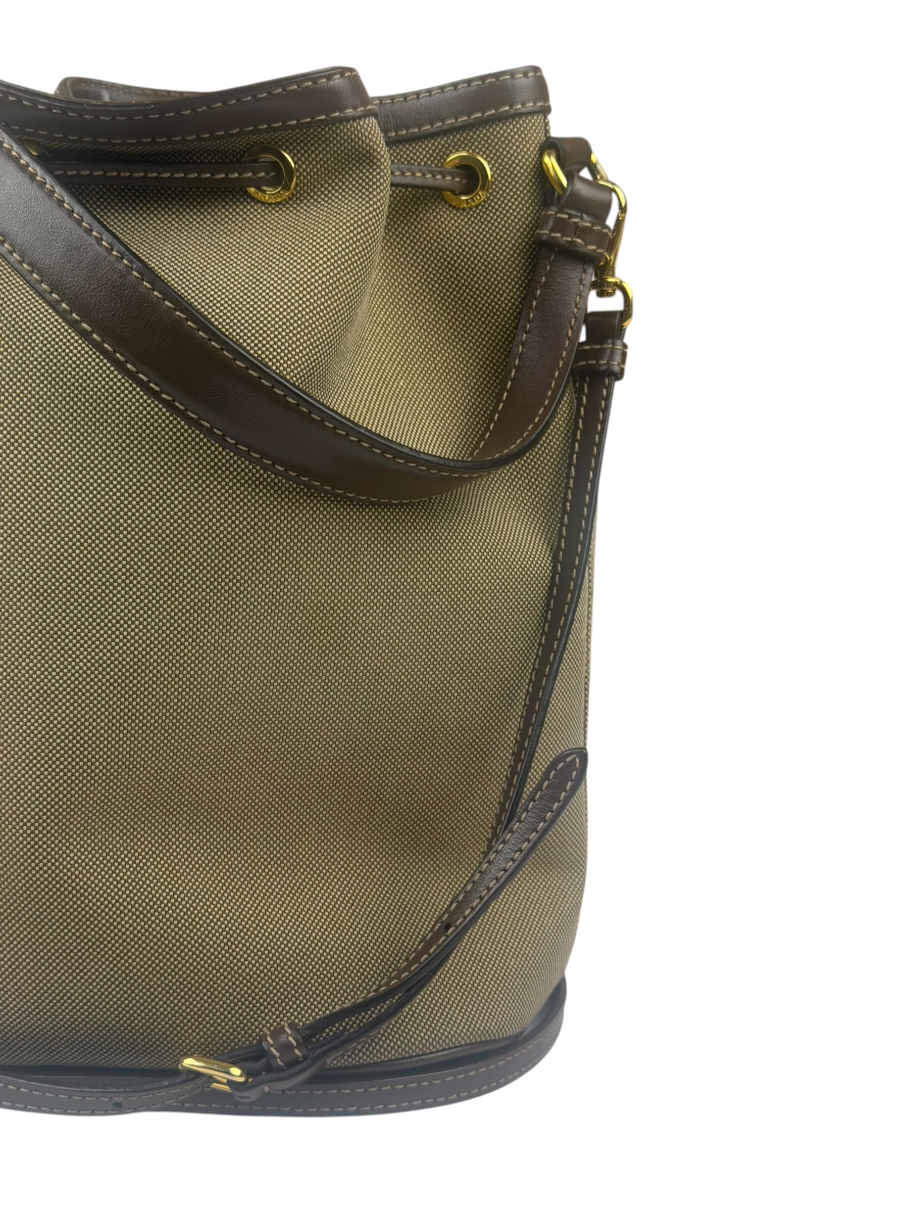 Prada Tan Beige Leather Trim Jaquard Canvas Bucket Bag