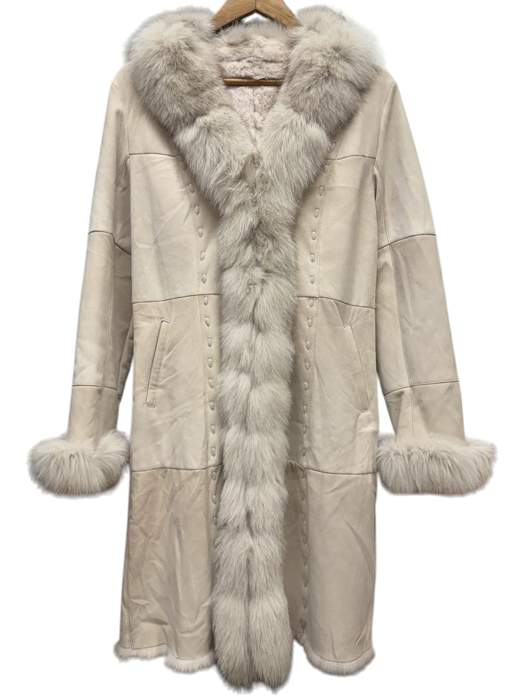Vintage Bellucci Platinum Beige Suede Rabbit/Blue Fox Fur Long Coat