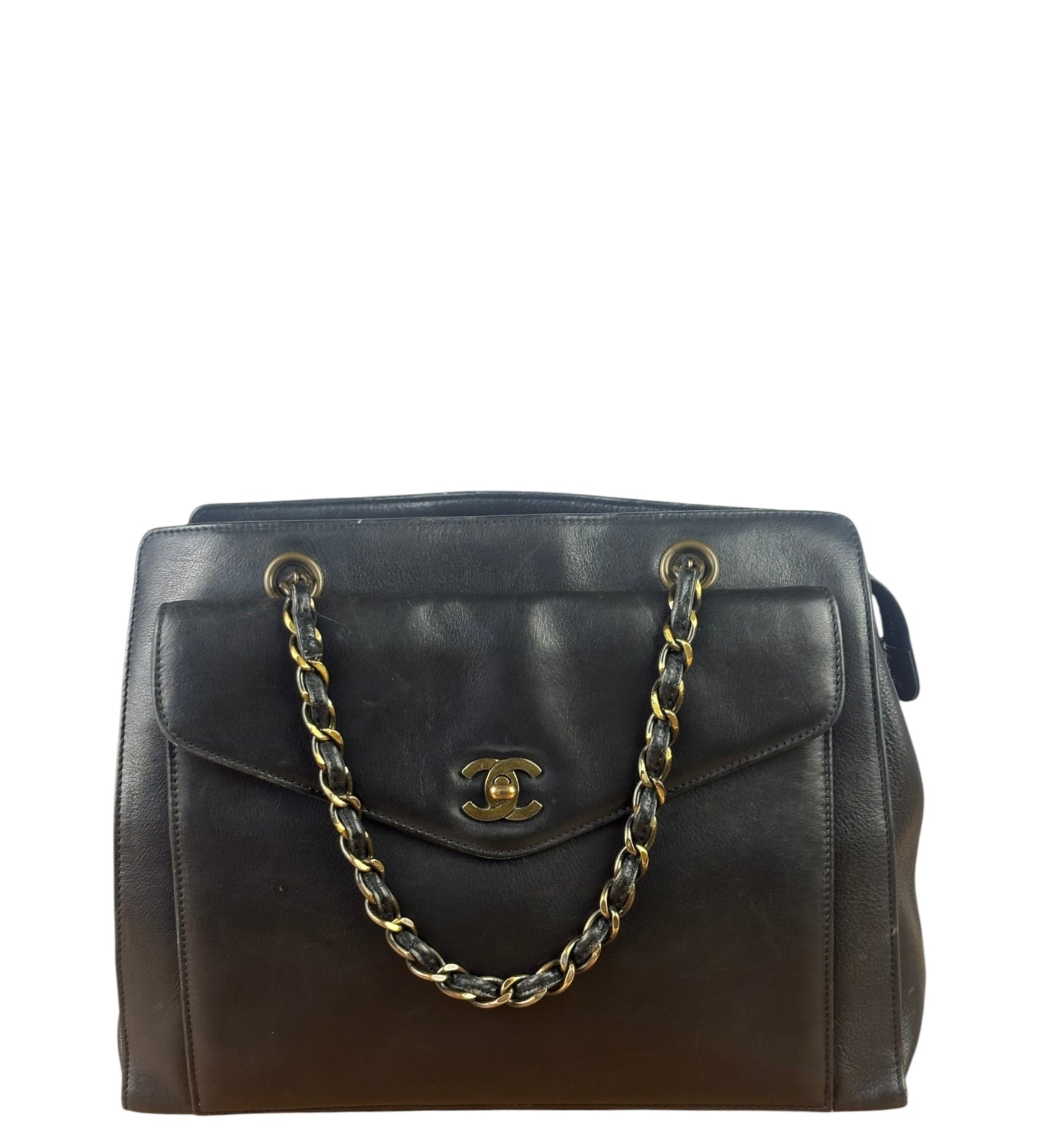 Chanel Vintage Black Calfskin Front Pocket Tote 1997
