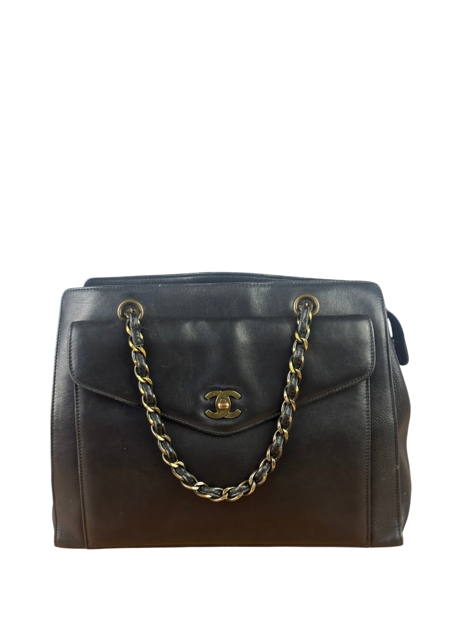 Chanel Vintage Black Calfskin Front Pocket Tote 1997