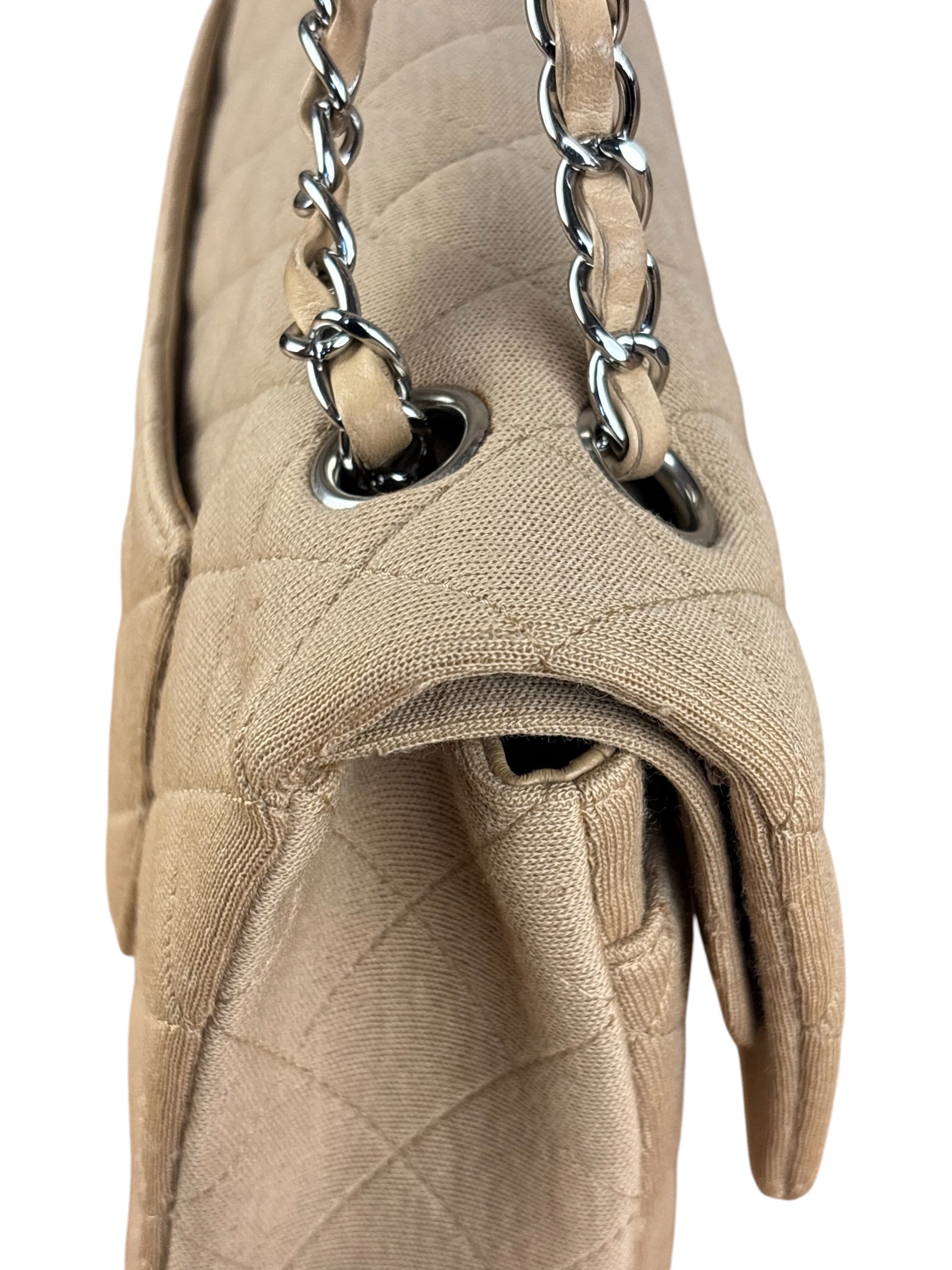 Chanel Beige Jersey Leather Trim Classic Double Flap Bag 2005