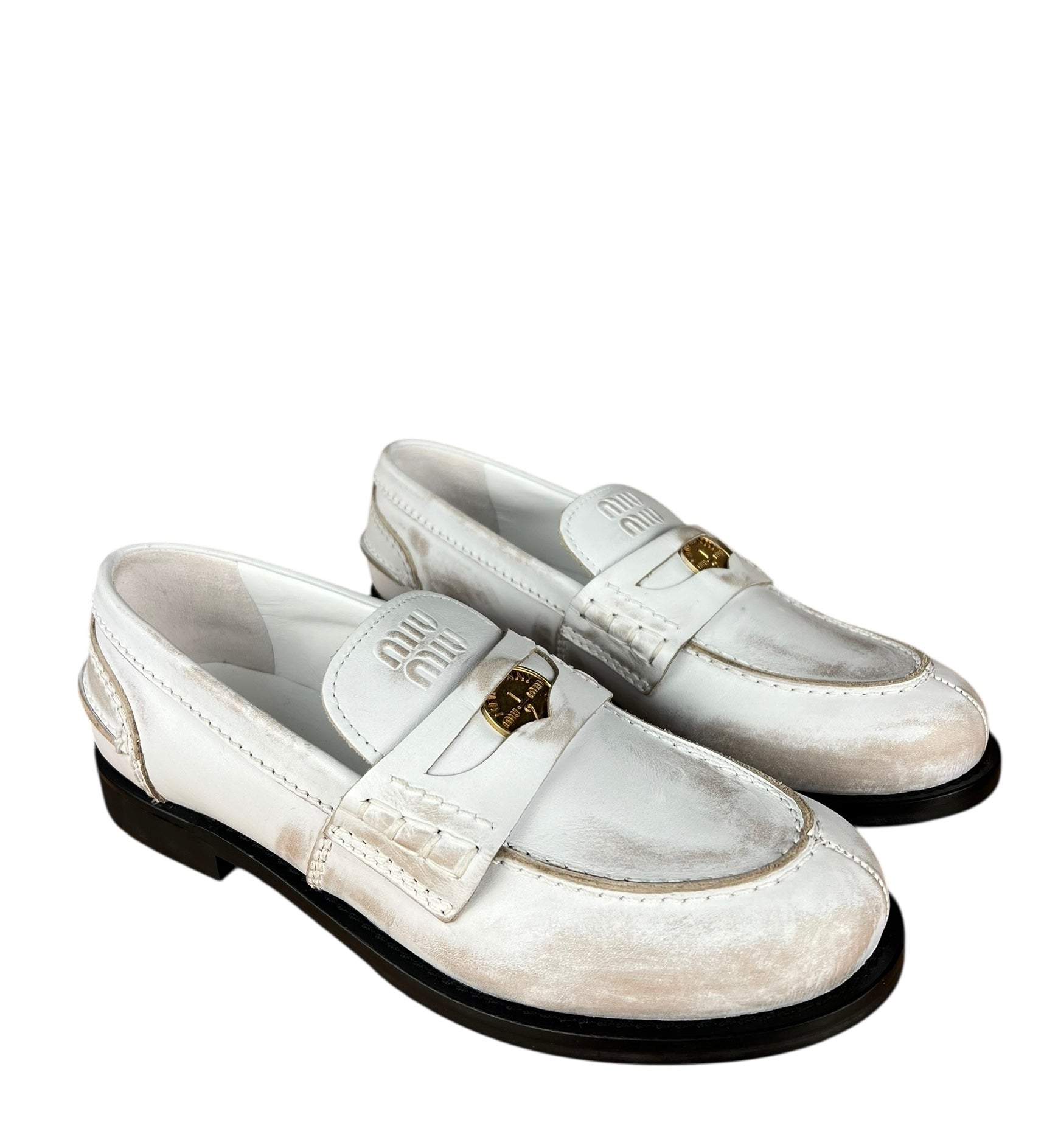 Miu Miu White Distressed Leather Penny Loafers