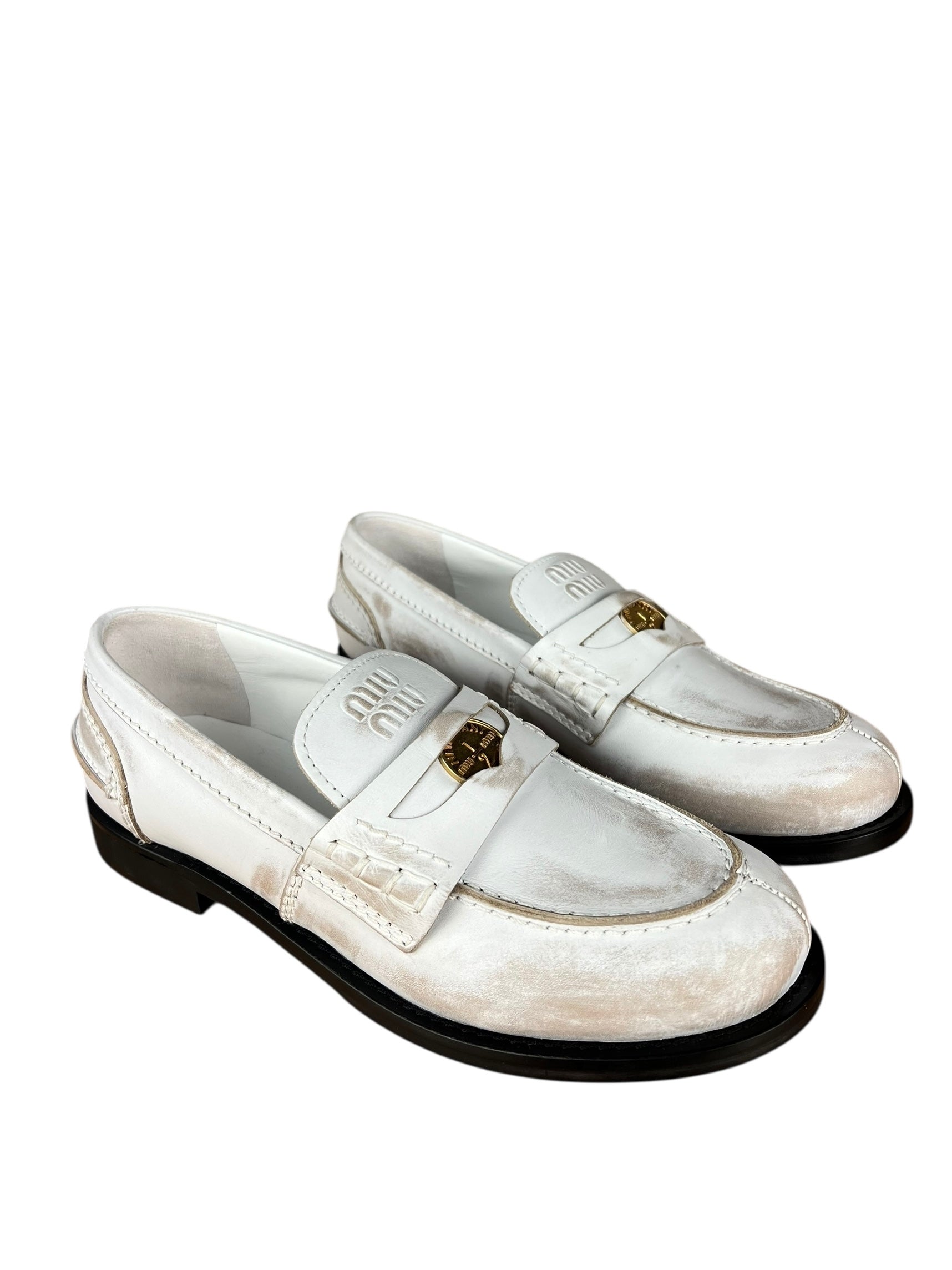 Miu Miu White Distressed Leather Penny Loafers