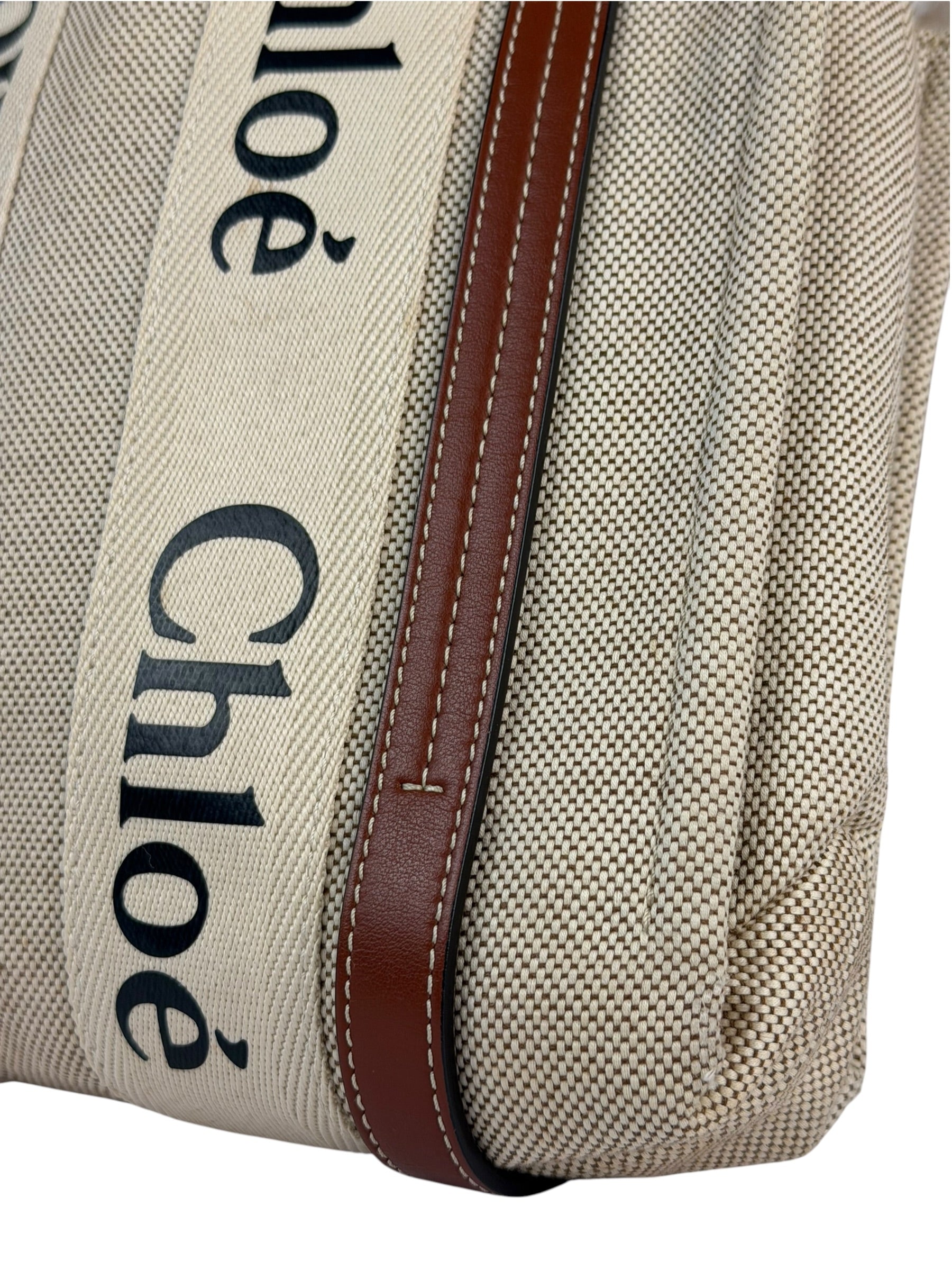 Chloe Brown Leather Trim/Linen Canvas Woody Small Tote