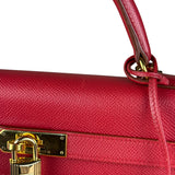 Hermes Kelly 32 Courchevel Rouge Vif Gold Handbag 1997