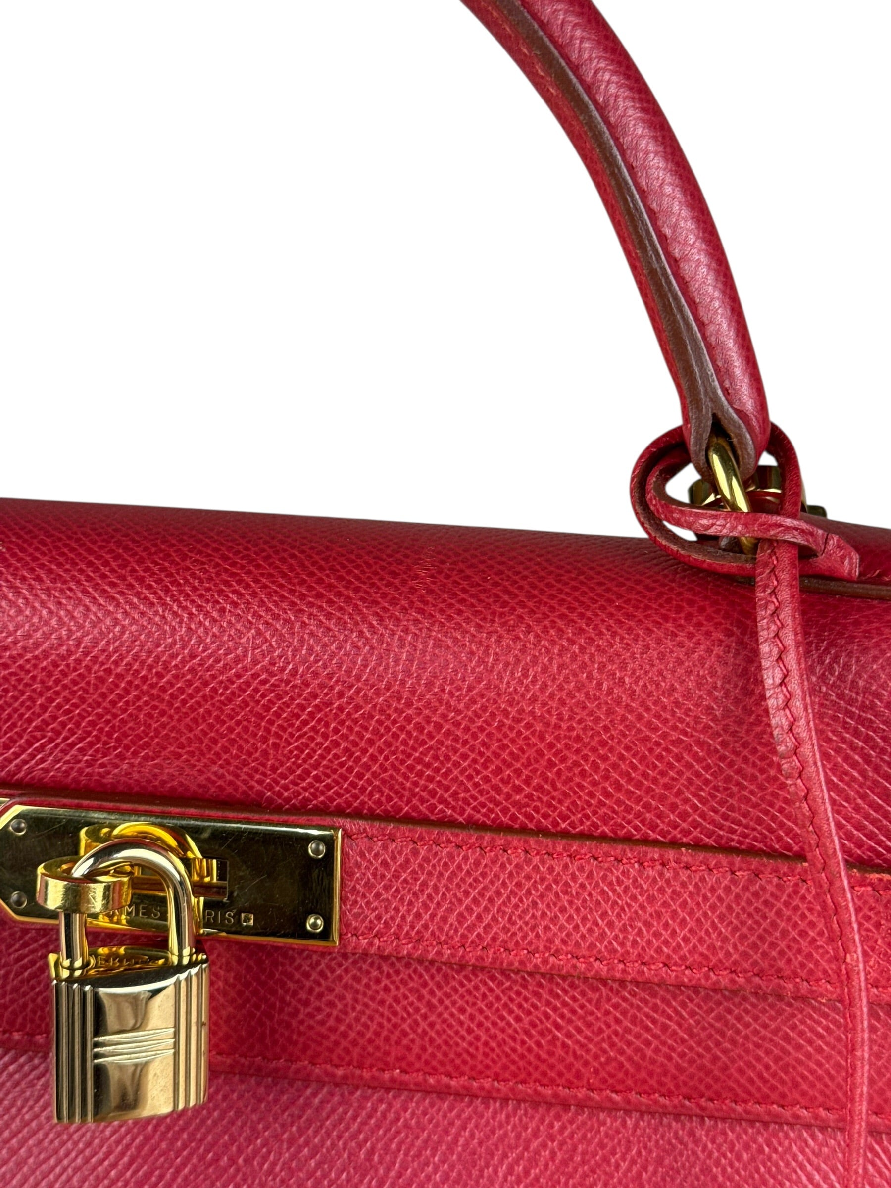 Hermes Kelly 32 Courchevel Rouge Vif Gold Handbag 1997