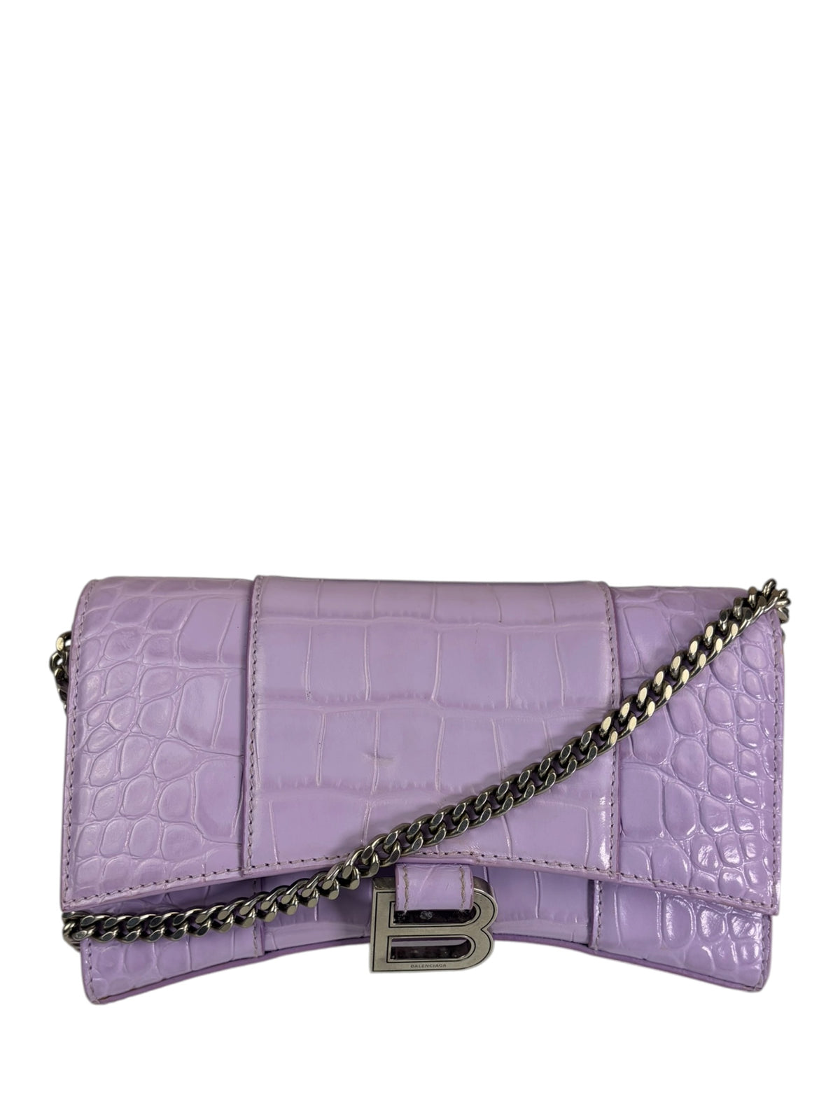 Balenciaga Purple Crocodile Embossed Leather Hourglass Wallet On Chain