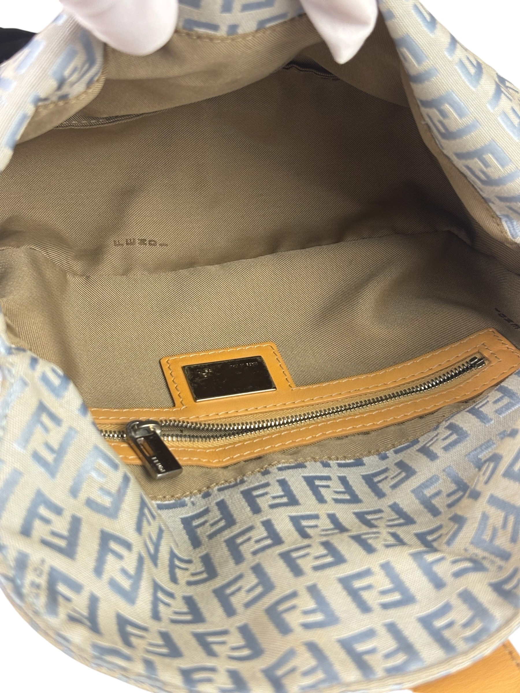Fendi Leather Light Blue Trim Zucca Baguette