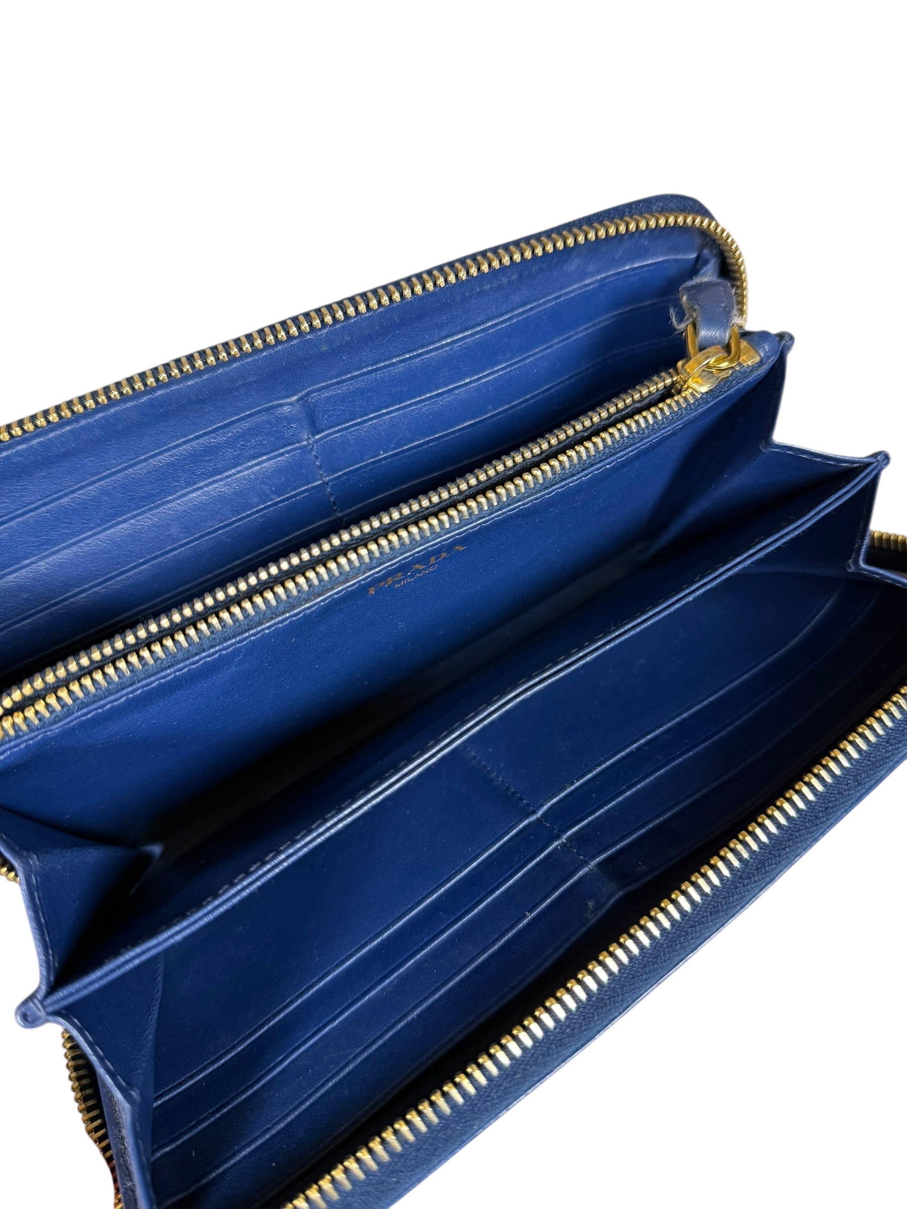 Prada Long Zip Leather Wallet Blue