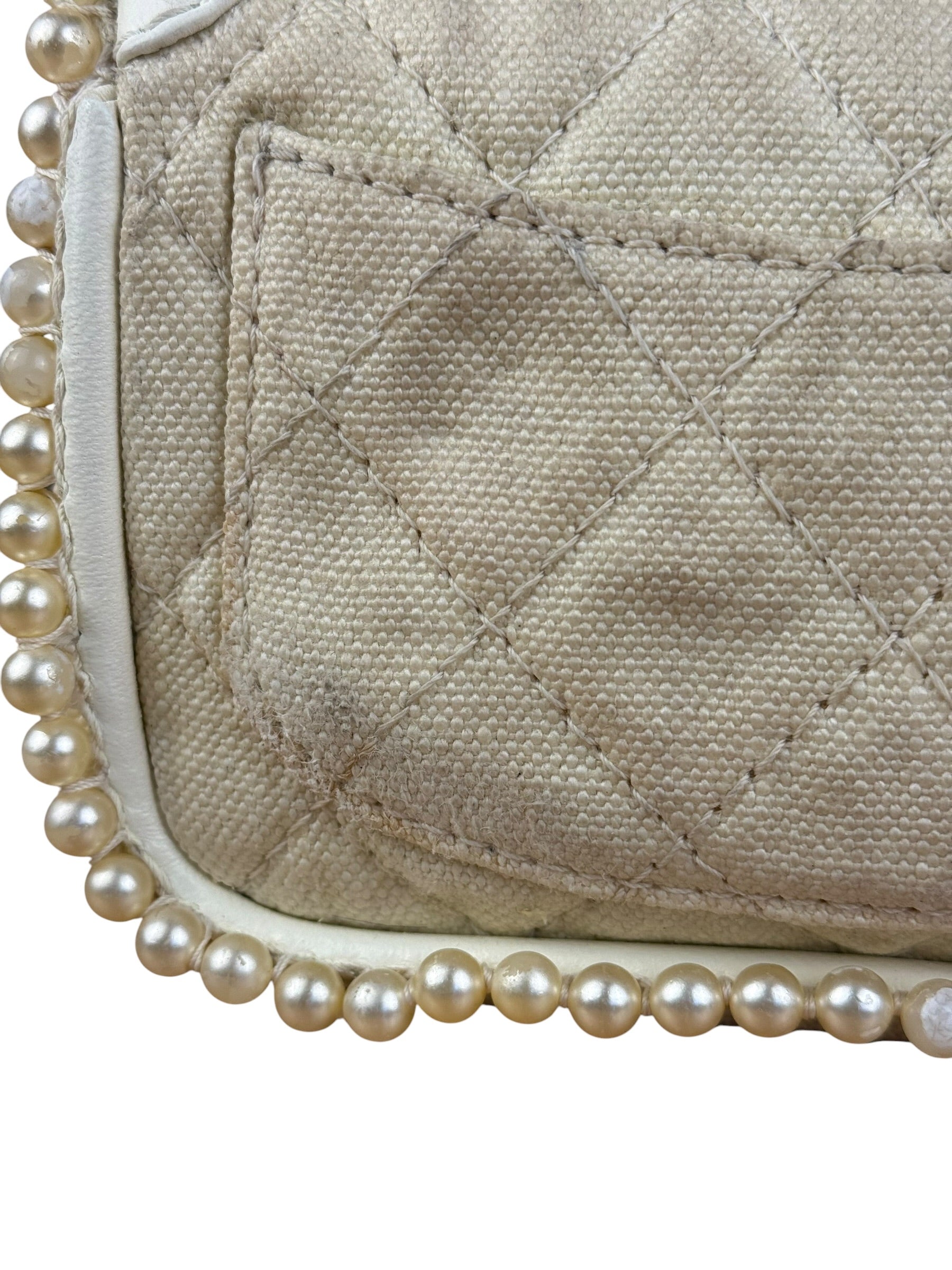 Chanel White Leather/Canvas Pearl Crossbody Flap 2003