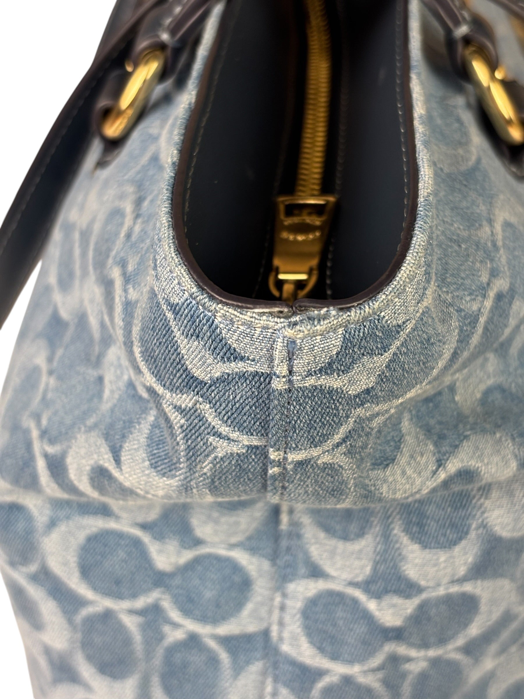 Coach Blue Leather Trim/Denim Signature Station Shoulder Bag