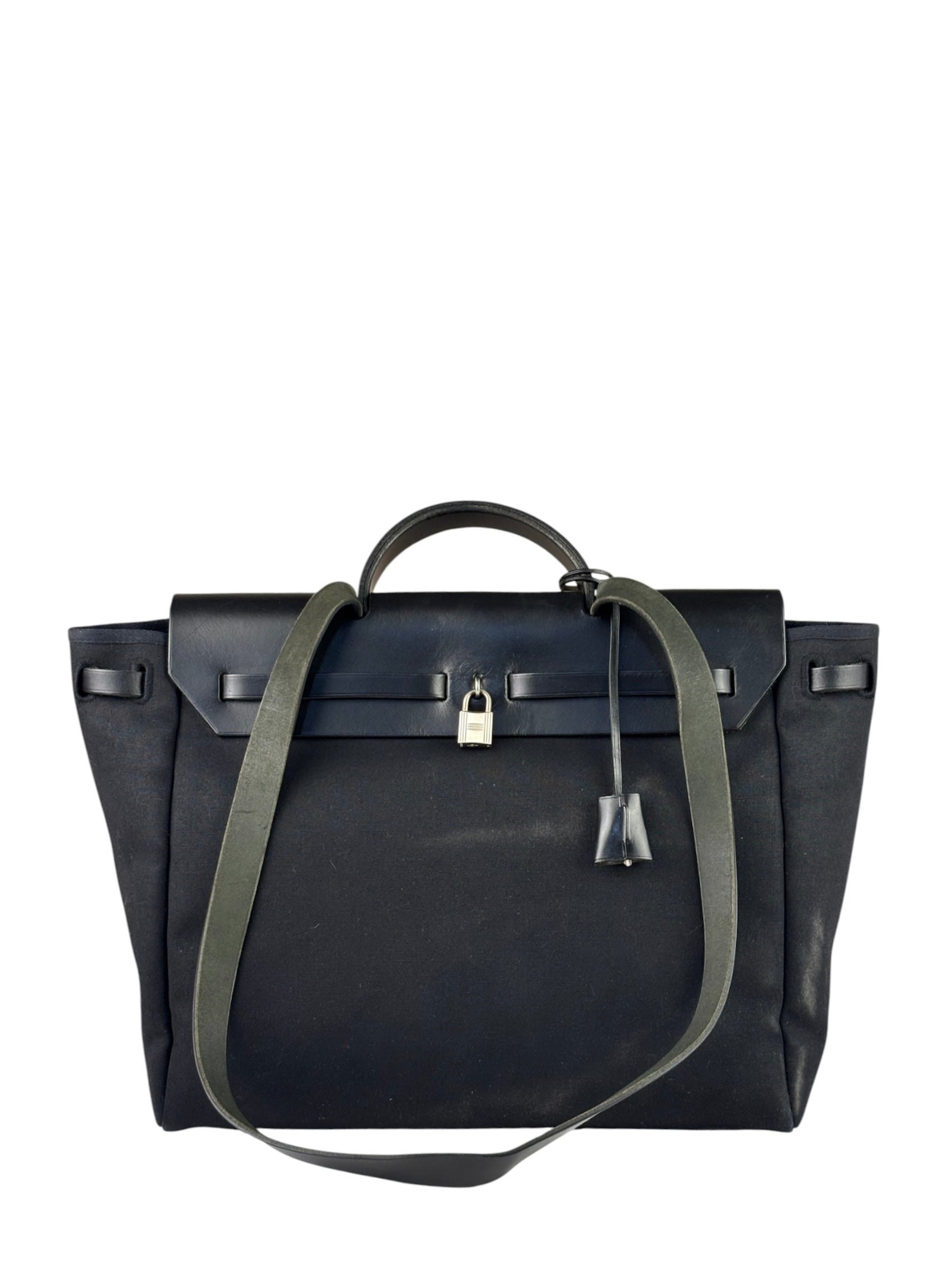 Hermes Black Leather Trim Herbag Two-Way Bag