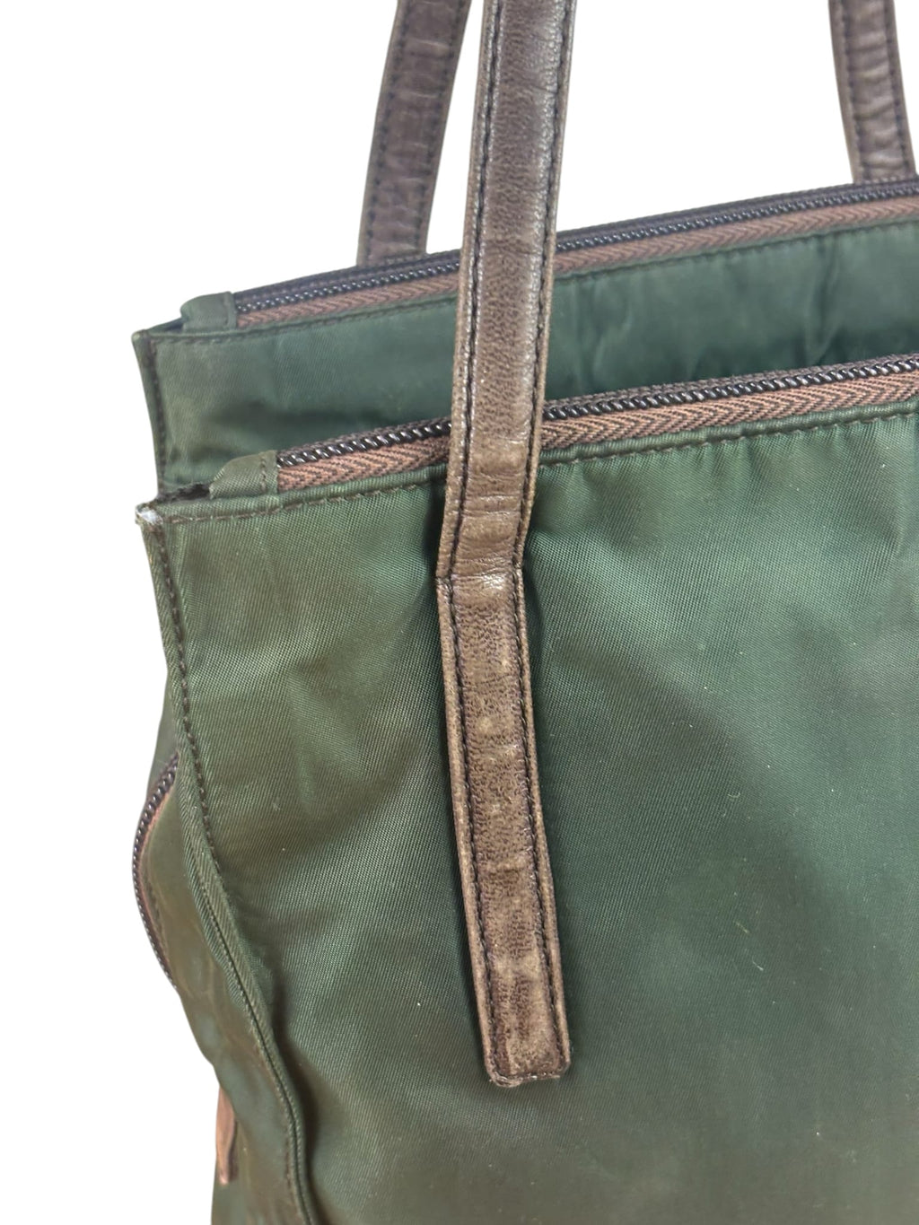 Prada Green/Brown Leather Trim/Nylon Tote