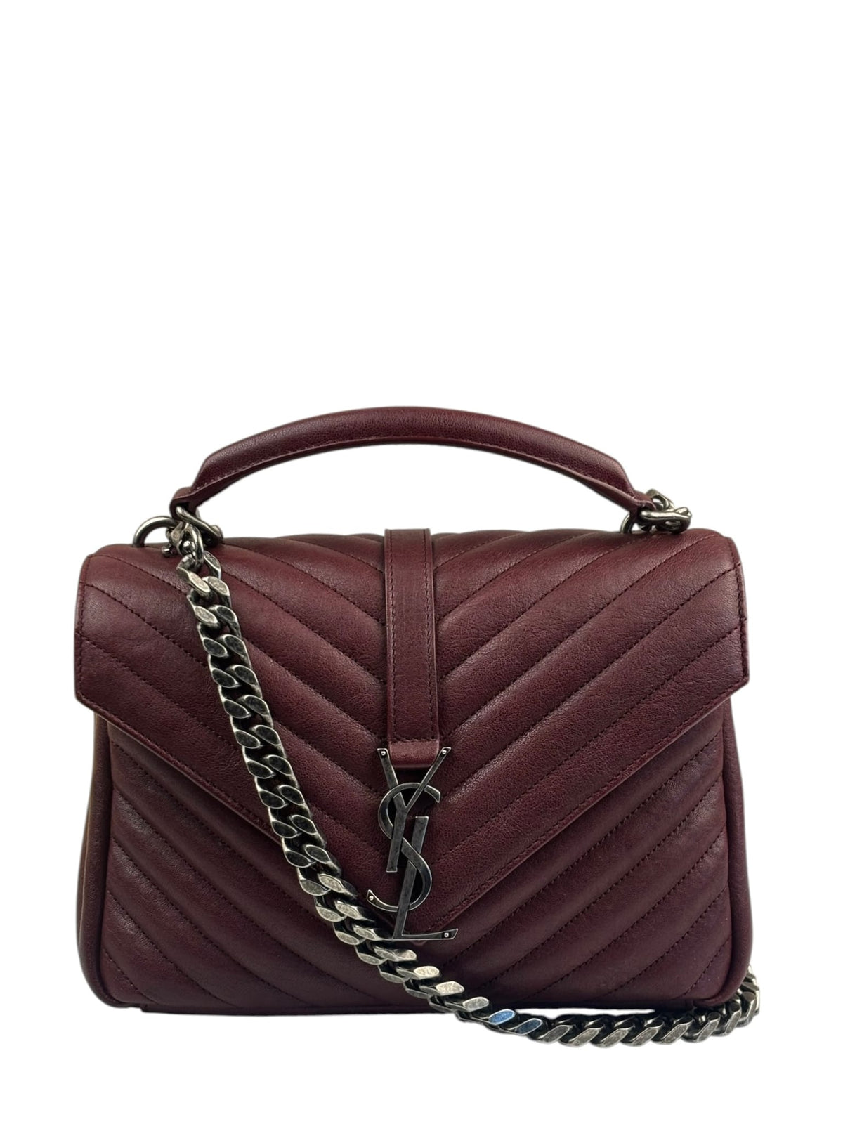 YSL Burgundy Chevron Lambskin Marmont College Two-Way Flap Bag