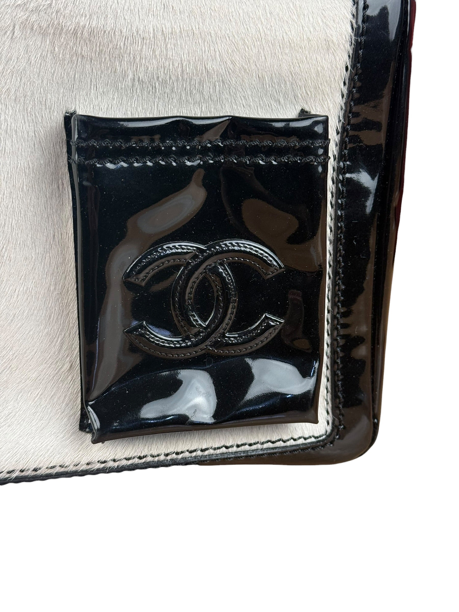 Chanel Vintage Black Patent Pony Hair Chain Pocket Tote 2005