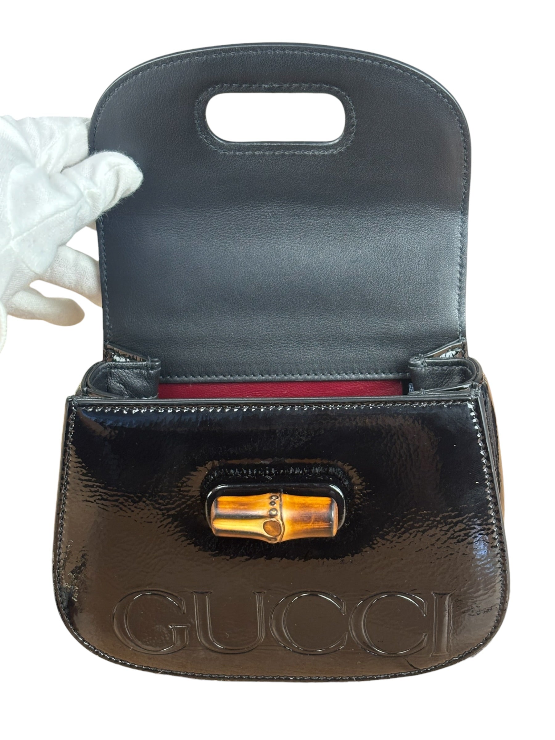 Gucci Bamboo Mini Top Handle Patent Leather Black