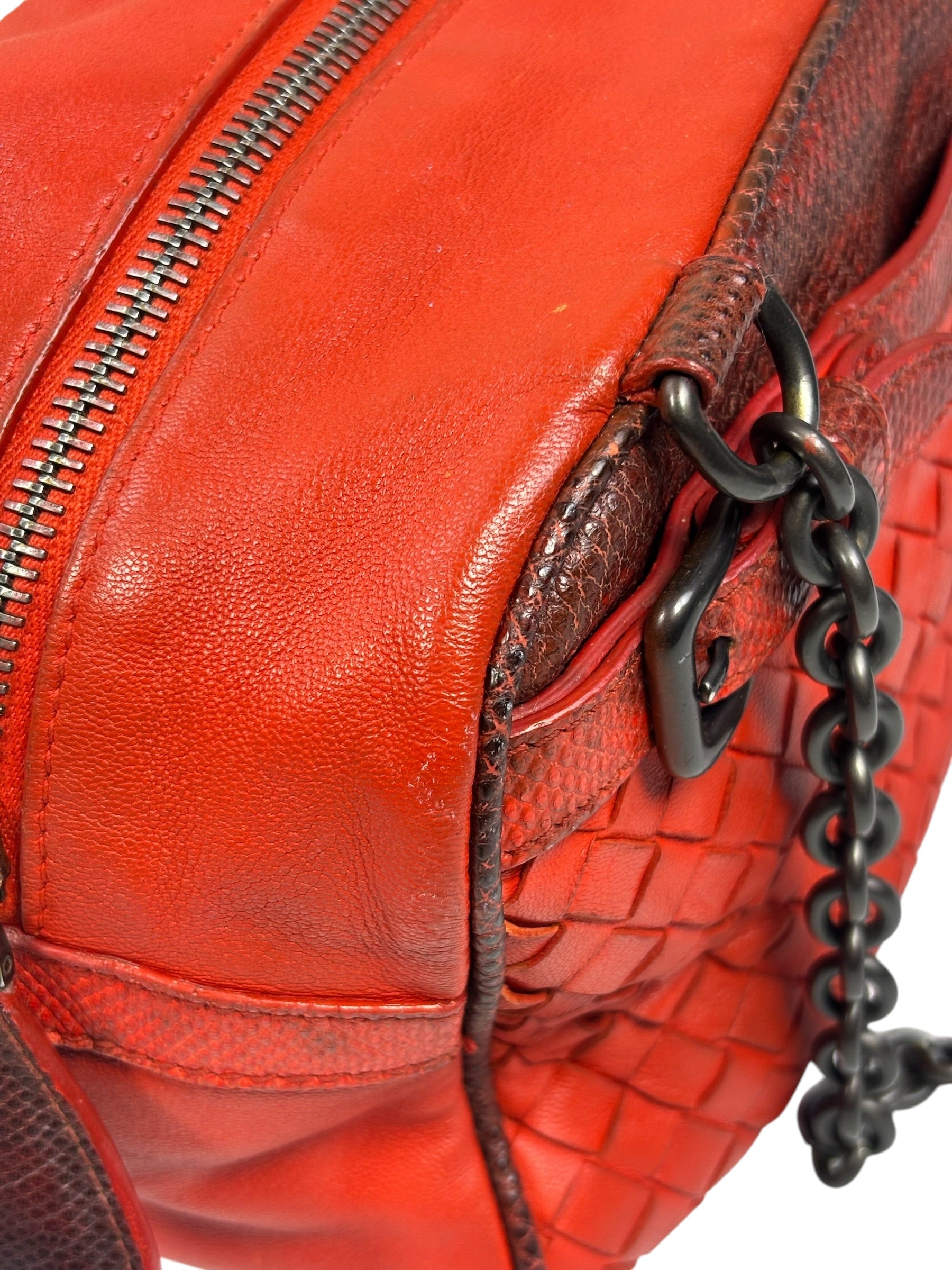 Bottega Veneta Red Lambskin/Lizard Intrecciato Shoulder Bag