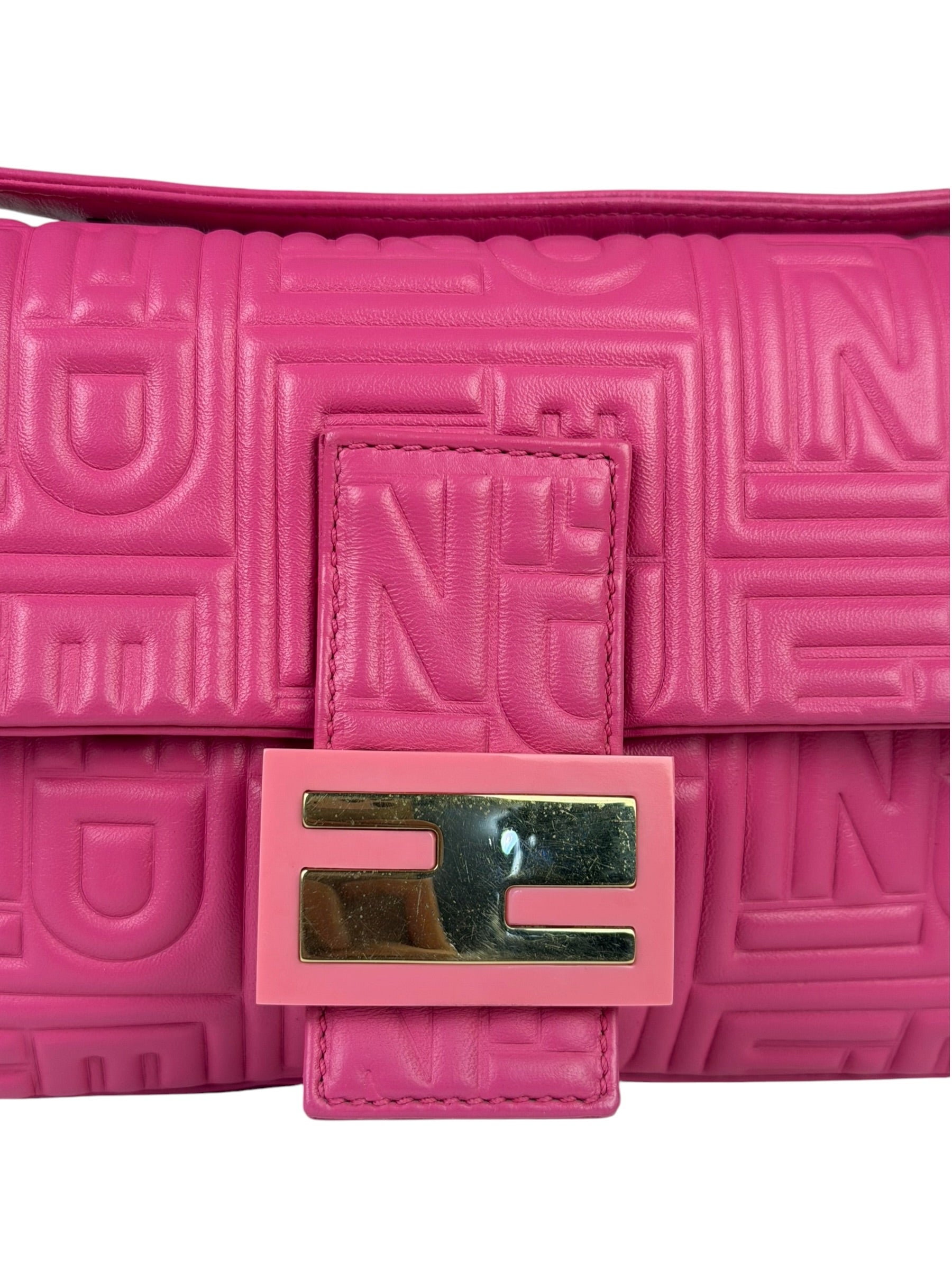 Fendi Pink Leather Logo Embossed Baguette