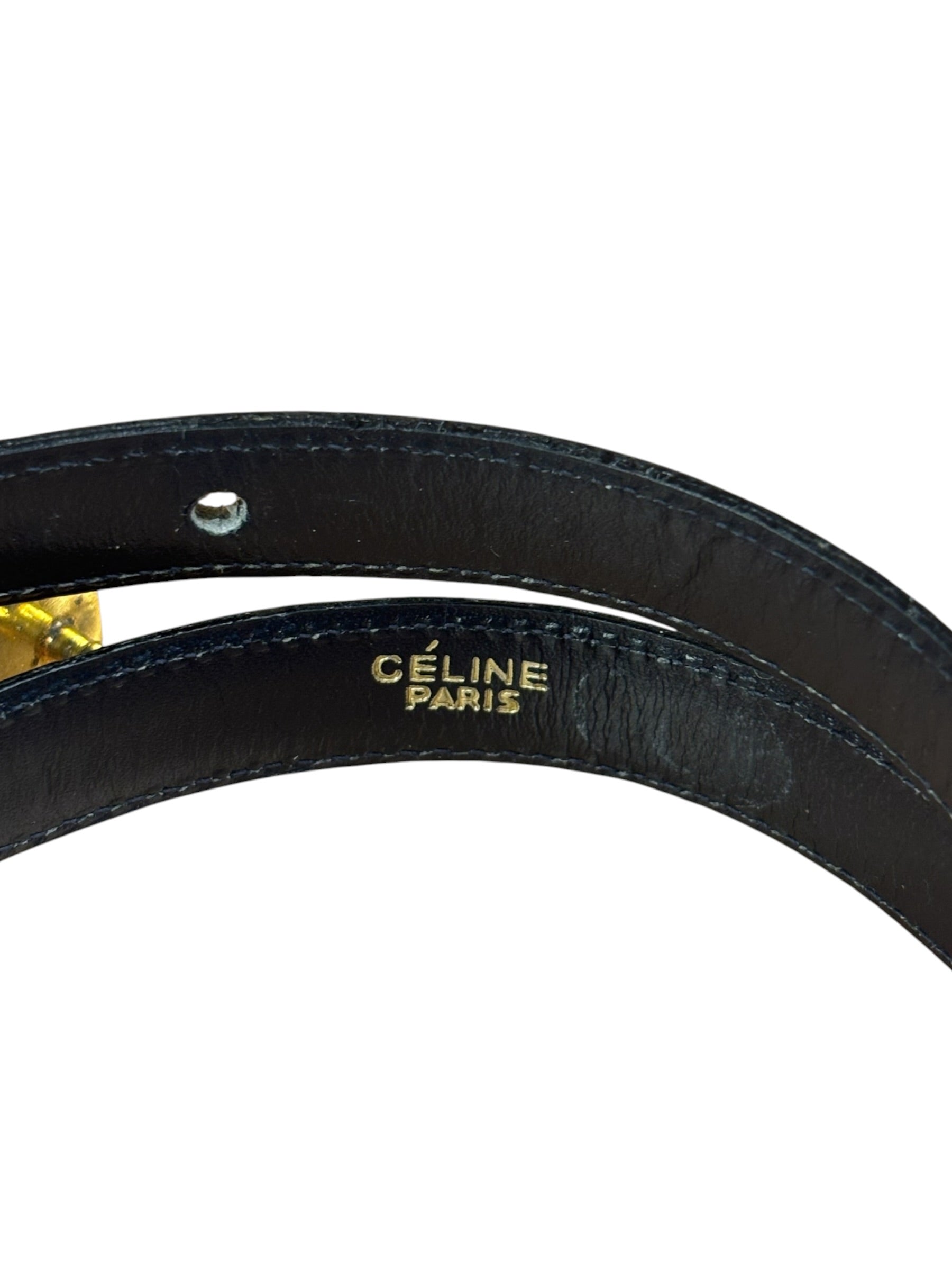 Celine Vintage Black Leather Horse Carriage Rectangular Plate Buckle Belt