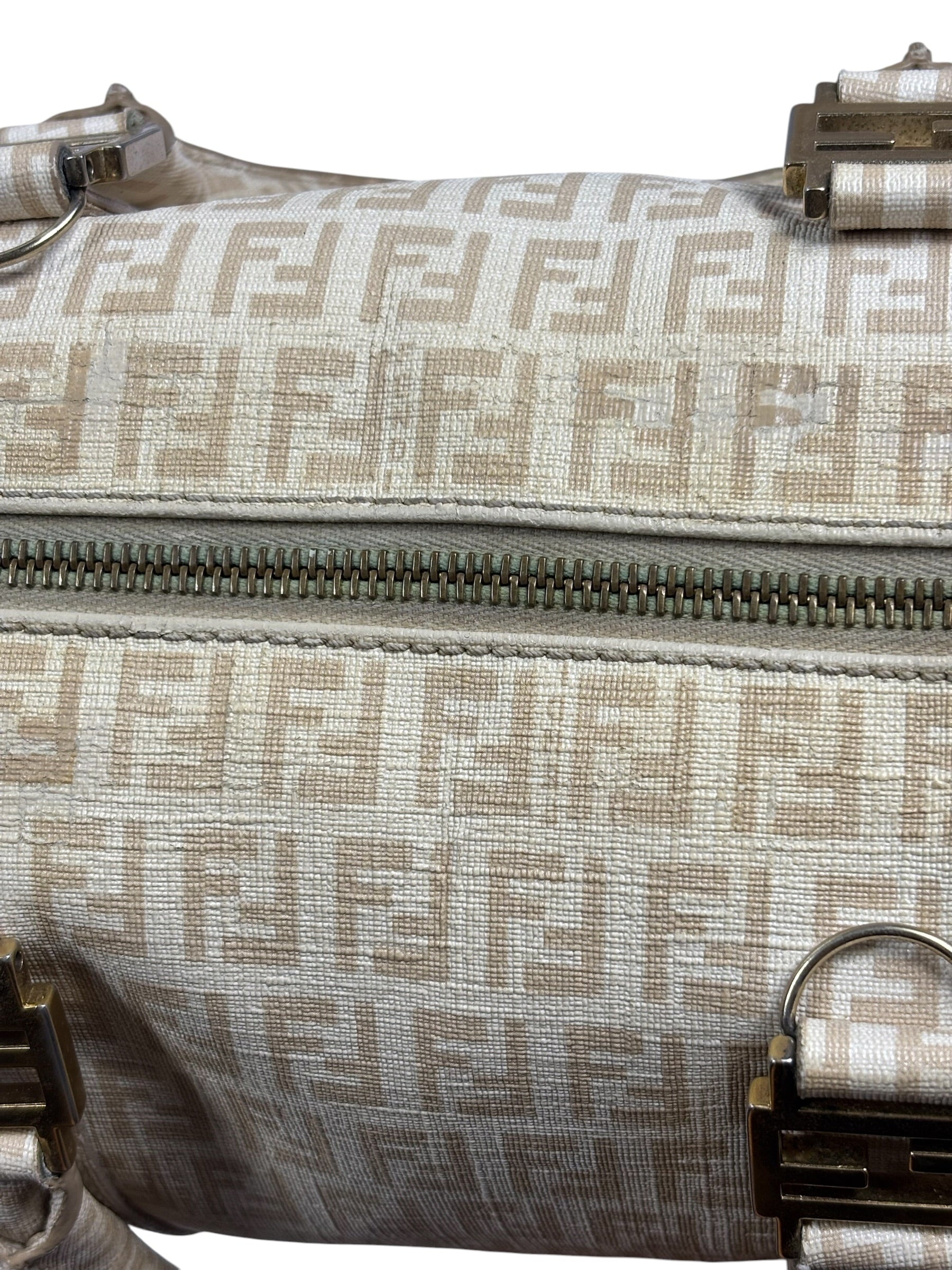 Fendi Beige Leather Trim Zucca Boston Bag