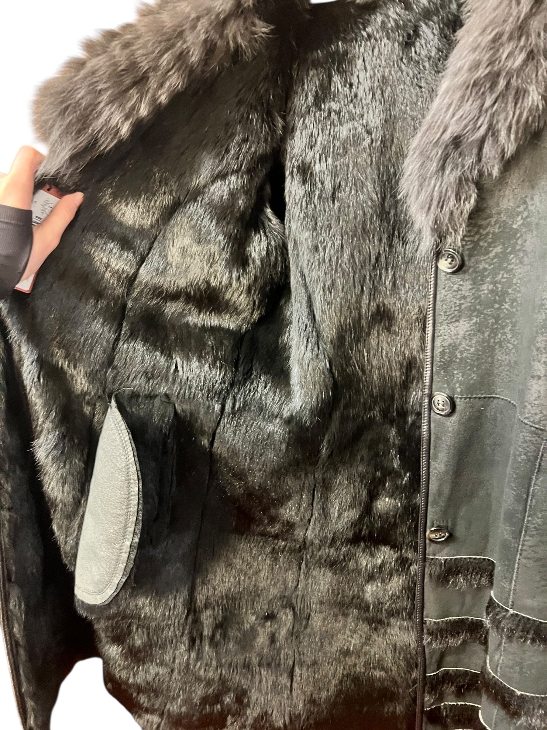 Vintage Black Suede/Leather Fur-Line Long Coat