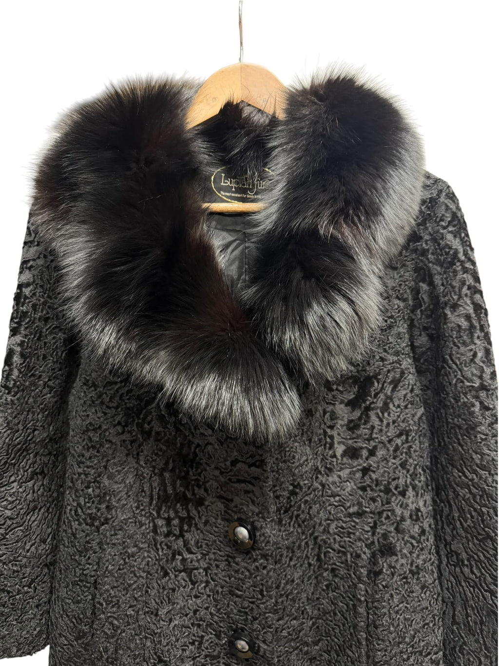 Vintage Lupian Black Persian Lamb Fox Fur Trim Long Coat