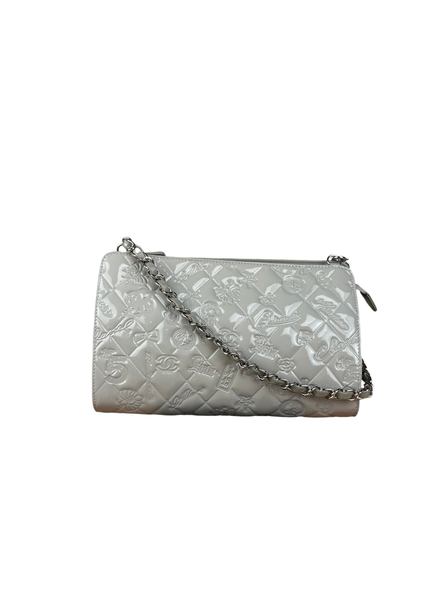 Chanel Vintage Grey Patent Leather Lucky Symbols Icon Pochette 1989