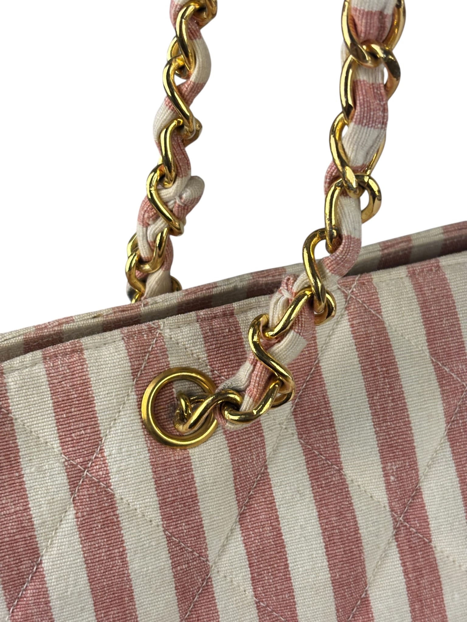 Chanel Vintage Pink/Cream Denim Maxi Stripped Tote 1994
