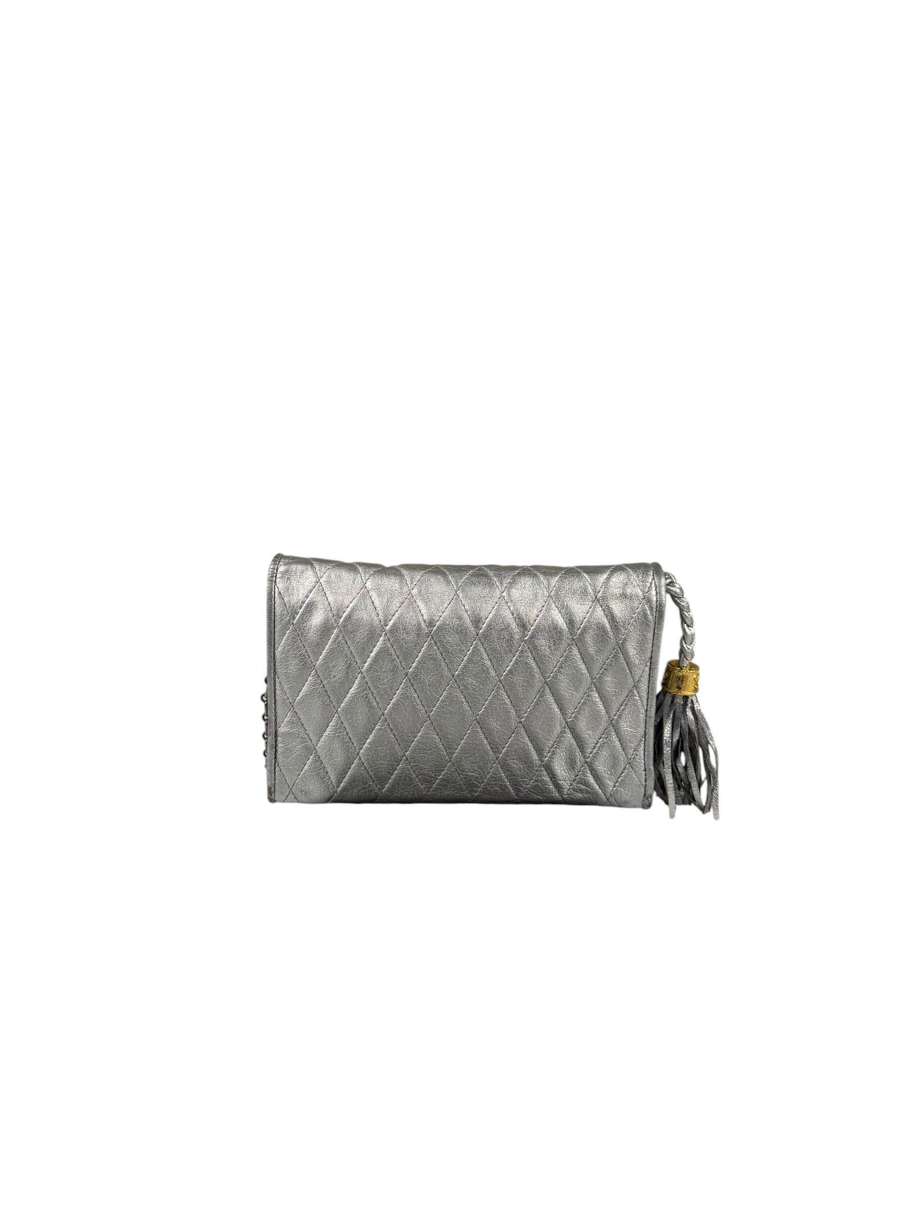 Chanel Vintage Metallic Silver Quilted Tassel Flap Bag 1997